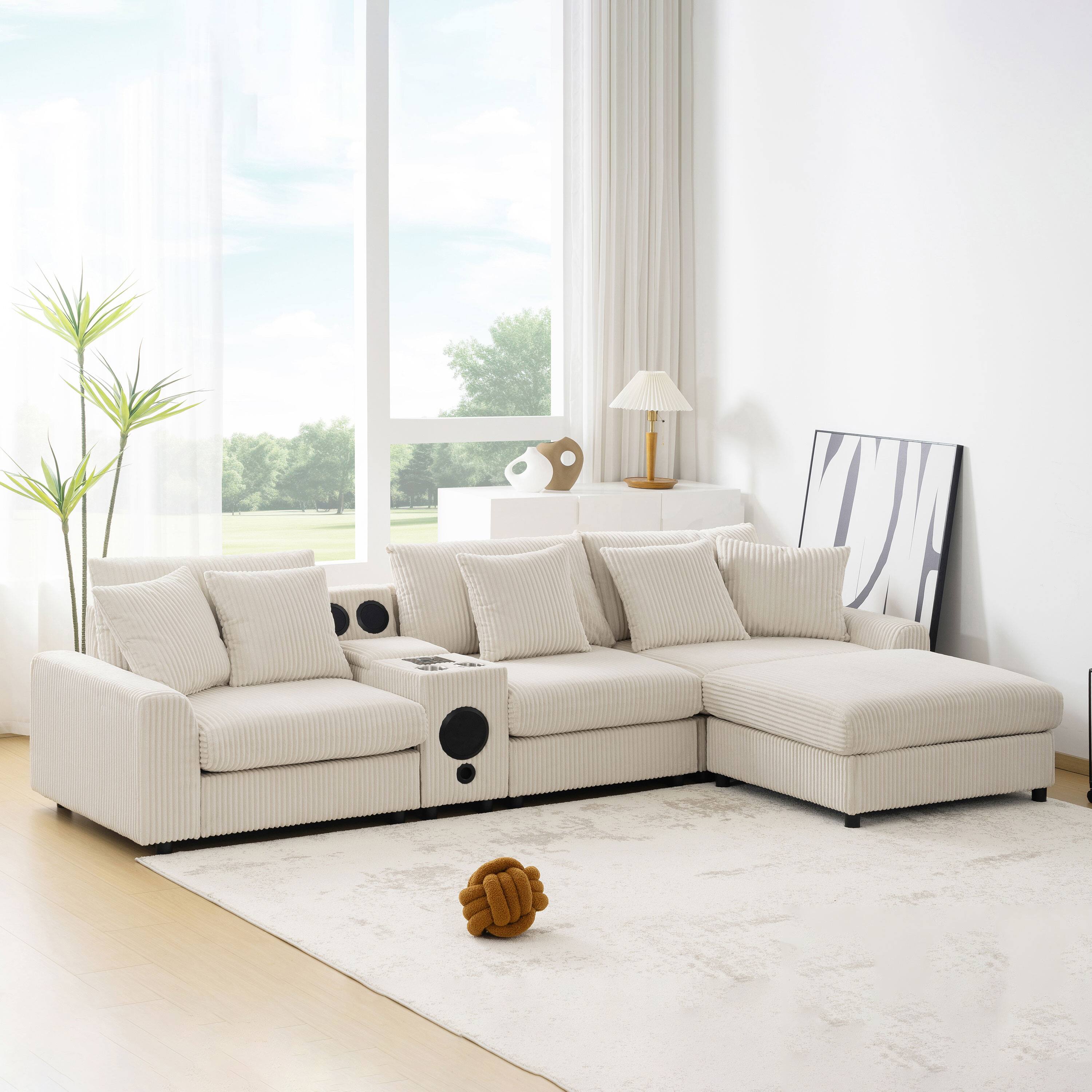 Front. Tiramisubest - 112-Inch L-Shaped Sectional Sofa with Built-in Bluetooth Speakers, Charging Console, Cup Holders, Storage & Ottoman - Beige.