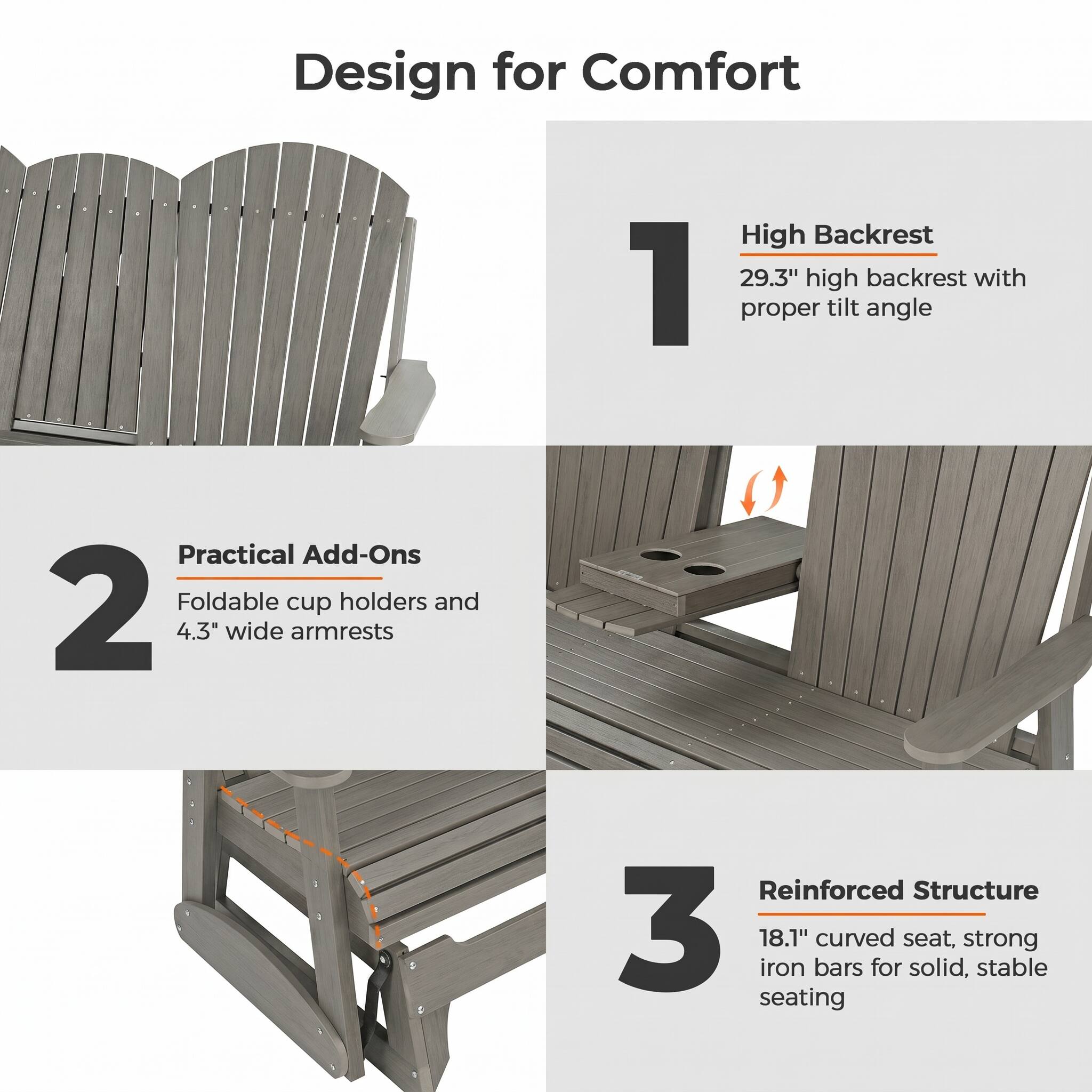 Infographic showing design features of the outdoor glider bench.