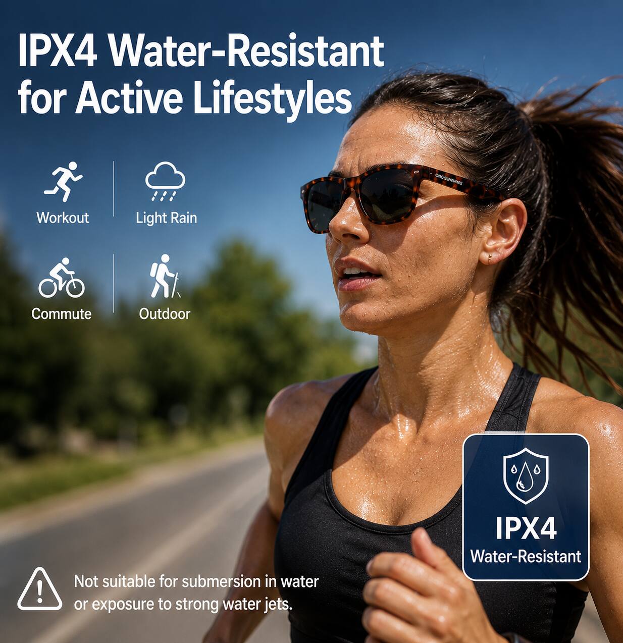 IPX4 Water-Resistant for Active Lifestyles

- Workout
- Light Rain
- Commute
- Outdoor

Not suitable for submersion in water or exposure to strong water jets.

IPX4 Water-Resistant