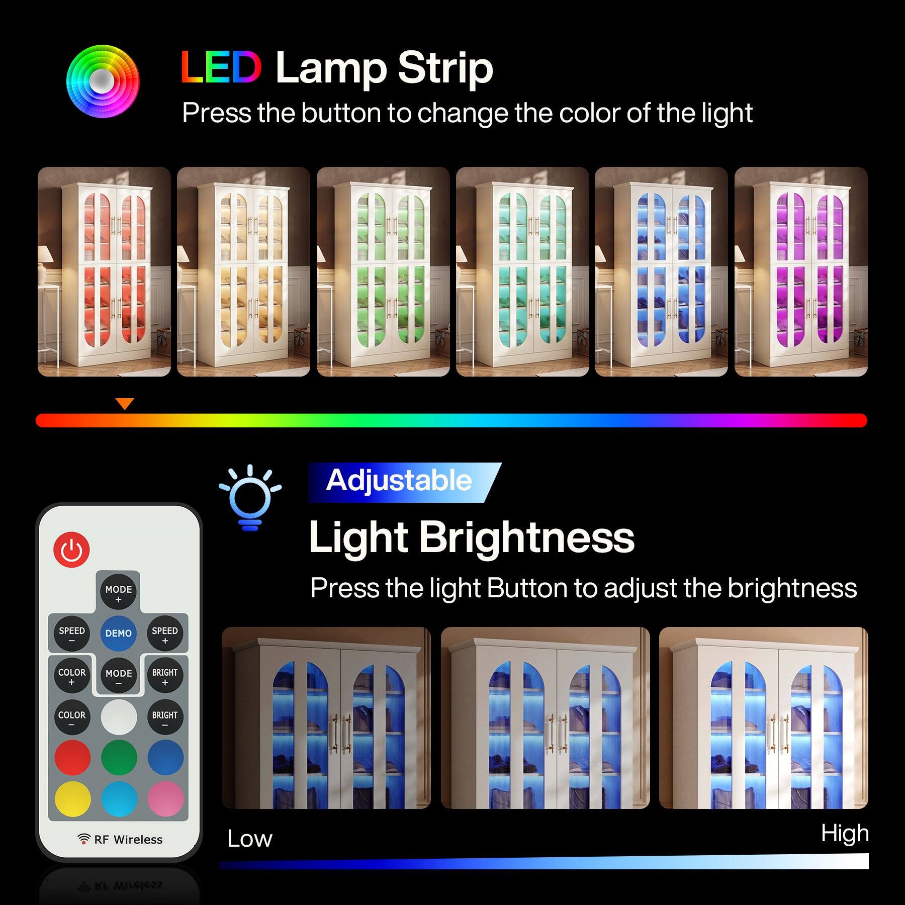 LED Lamp Strip  
Press the button to change the color of the light

Adjustable Light Brightness  
Press the light Button to adjust the brightness

MODE +  
SPEED  
DEMO  
SPEED +  
COLOR +  
MODE  
BRIGHT +  
COLOR  
BRIGHT  

RF Wireless  
Low  
High