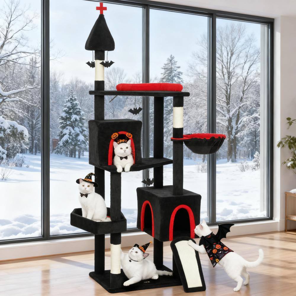 Front. Siljoy - 78" Gothic Castle Cat Tree Tower with Bat Teaser Balls, Black Red Trim Design, Two Condos & Coffin Bed.