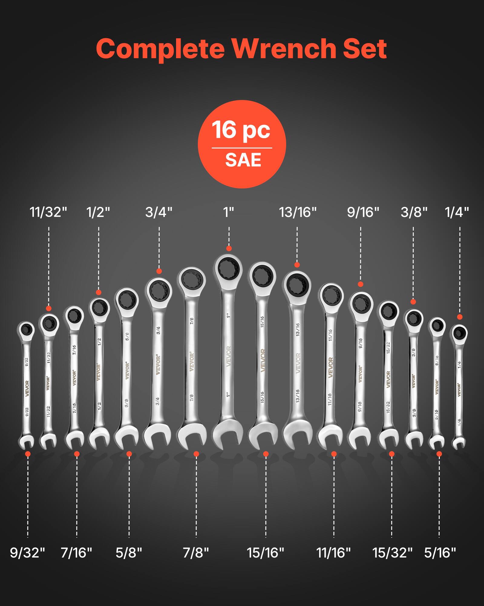 Complete Wrench Set 16 pc SAE 11/32" 1/2" 3/4" 1" 13/16" 9/16" 3/8" 1/4" 9/32" 7/16" 5/8" 7/8" 15/16" 11/16" 15/32" 5/16"