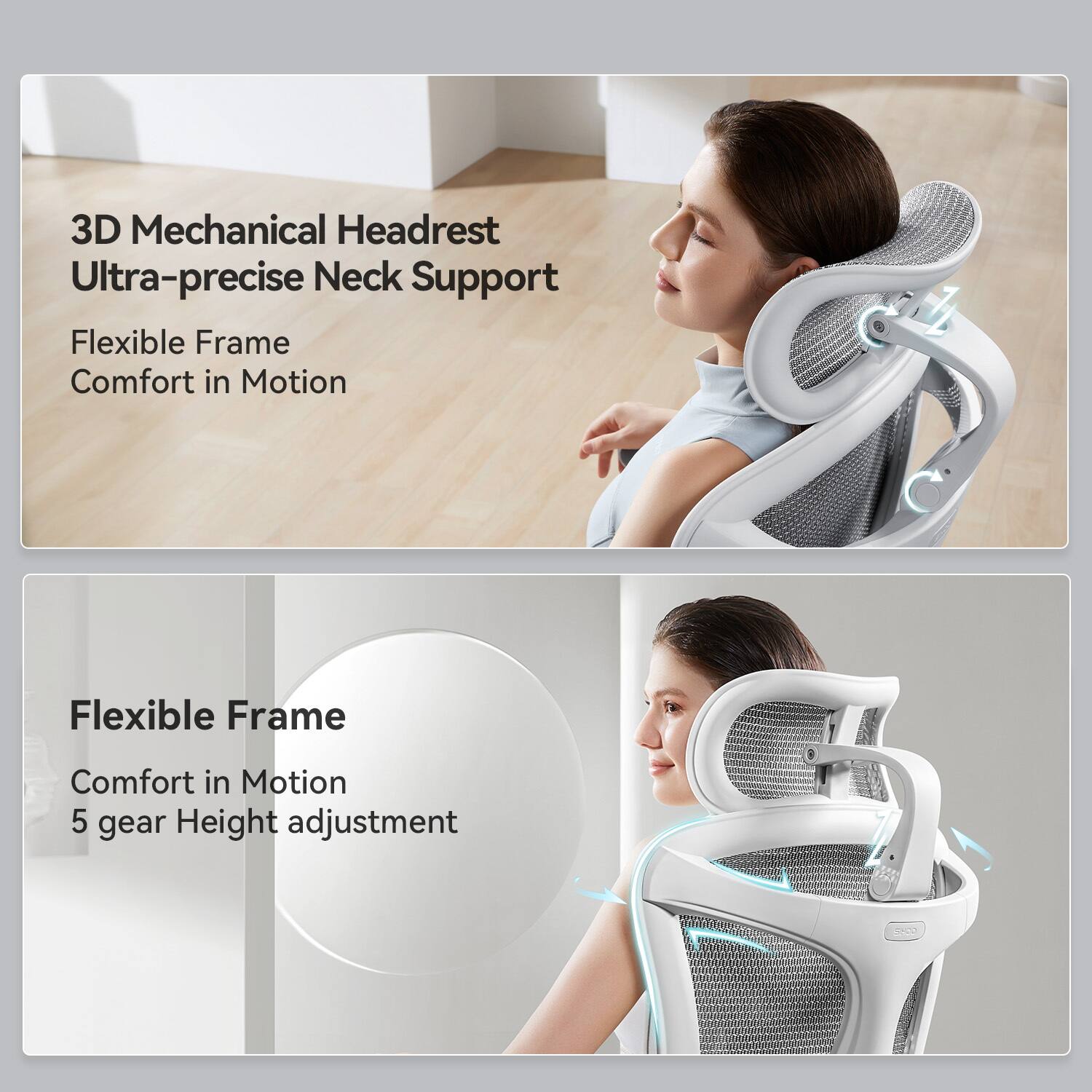 3D Mechanical Headrest Ultra-precise Neck Support, Flexible Frame, Comfort in Motion, Flexible Frame, Comfort in Motion, 5 gear Height adjustment