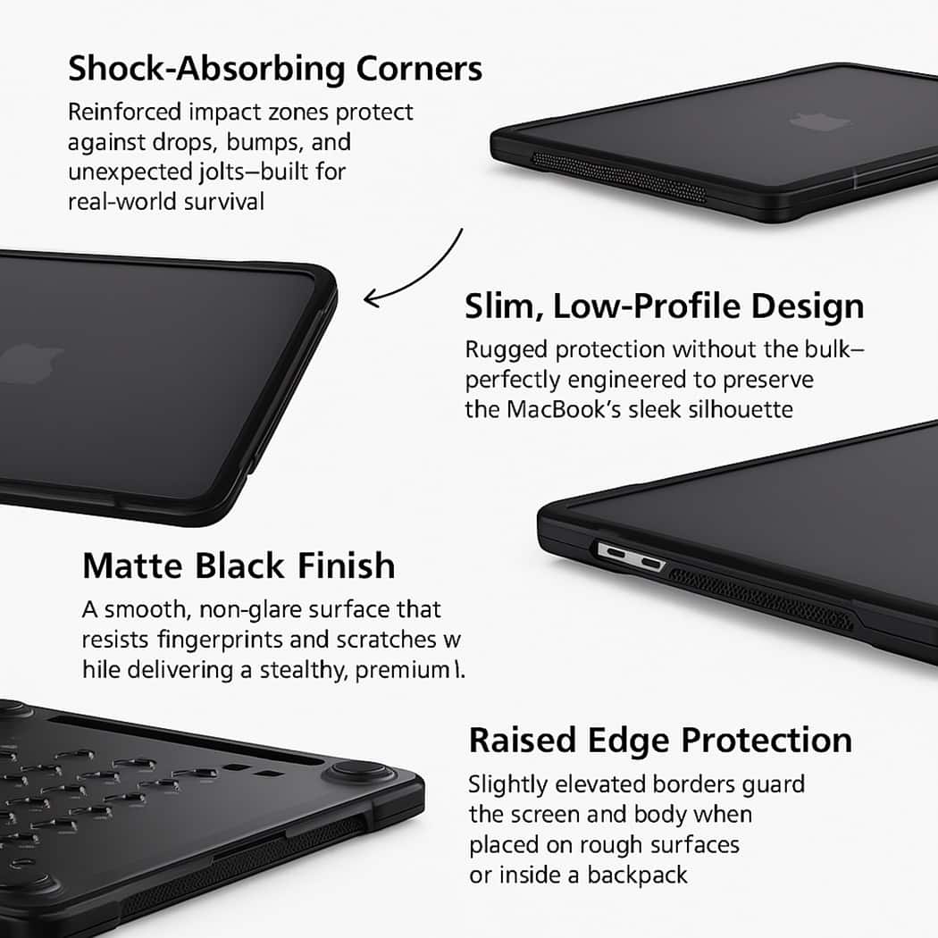 Shock-Absorbing Corners: Reinforced impact zones protect against drops, bumps, and unexpected jolts-built for real-world survival.
Slim, Low-Profile Design: Rugged protection without the bulk- perfectly engineered to preserve the MacBook's sleek silhouette.
Matte Black Finish: A smooth, non-glare surface that resists fingerprints and scratches.
Raised Edge Protection: Slightly elevated borders guard the screen and body when placed on rough surfaces or inside a backpack.