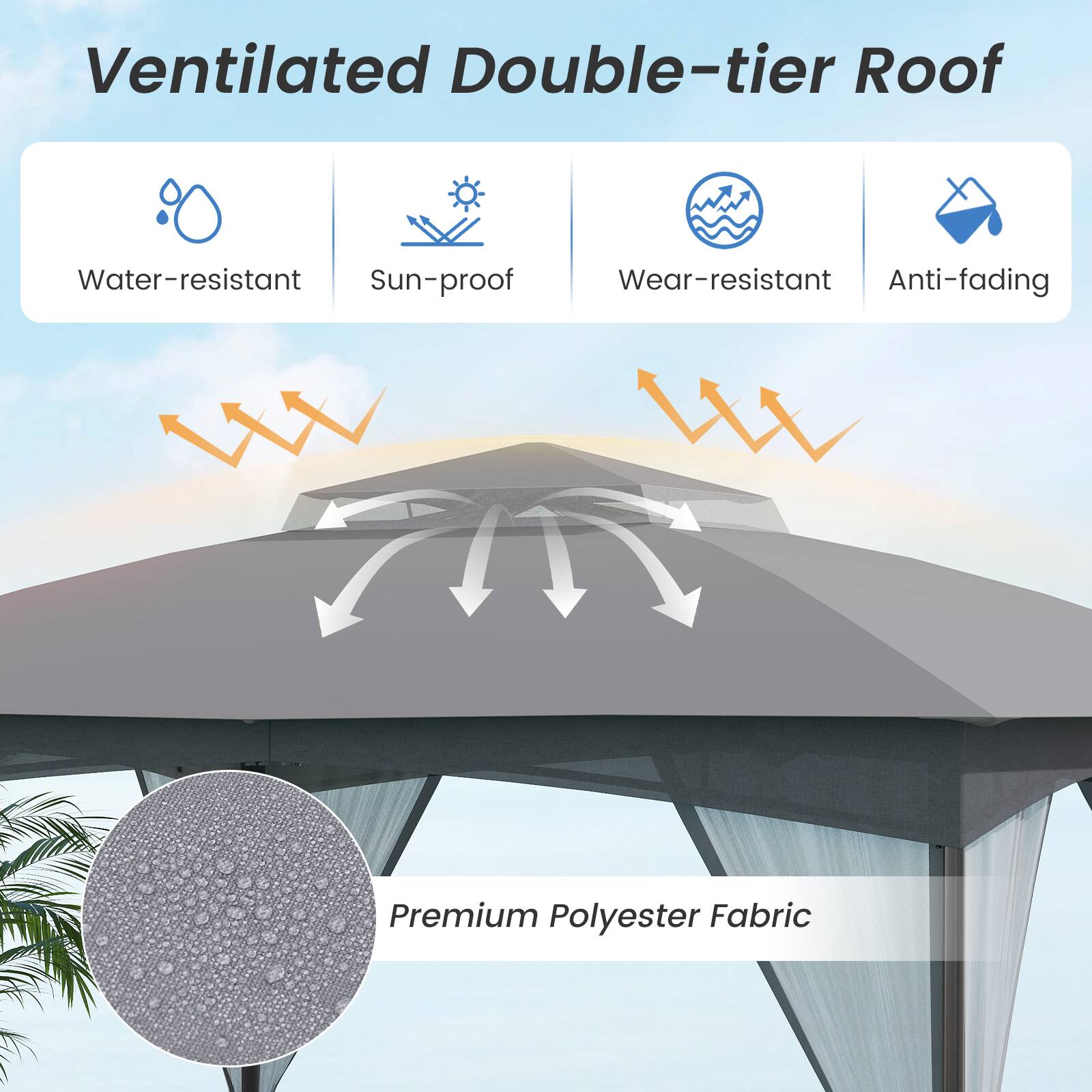 Ventilated Double-tier Roof  
Water-resistant  
Sun-proof  
Wear-resistant  
Anti-fading  
Premium Polyester Fabric