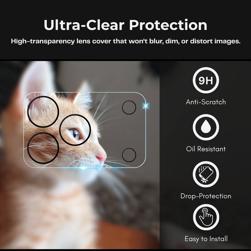 Ultra-Clear Protection  
High-transparency lens cover that won't blur, dim, or distort images.  

- 9H Anti-Scratch  
- Oil Resistant  
- Drop-Protection  
- Easy to Install