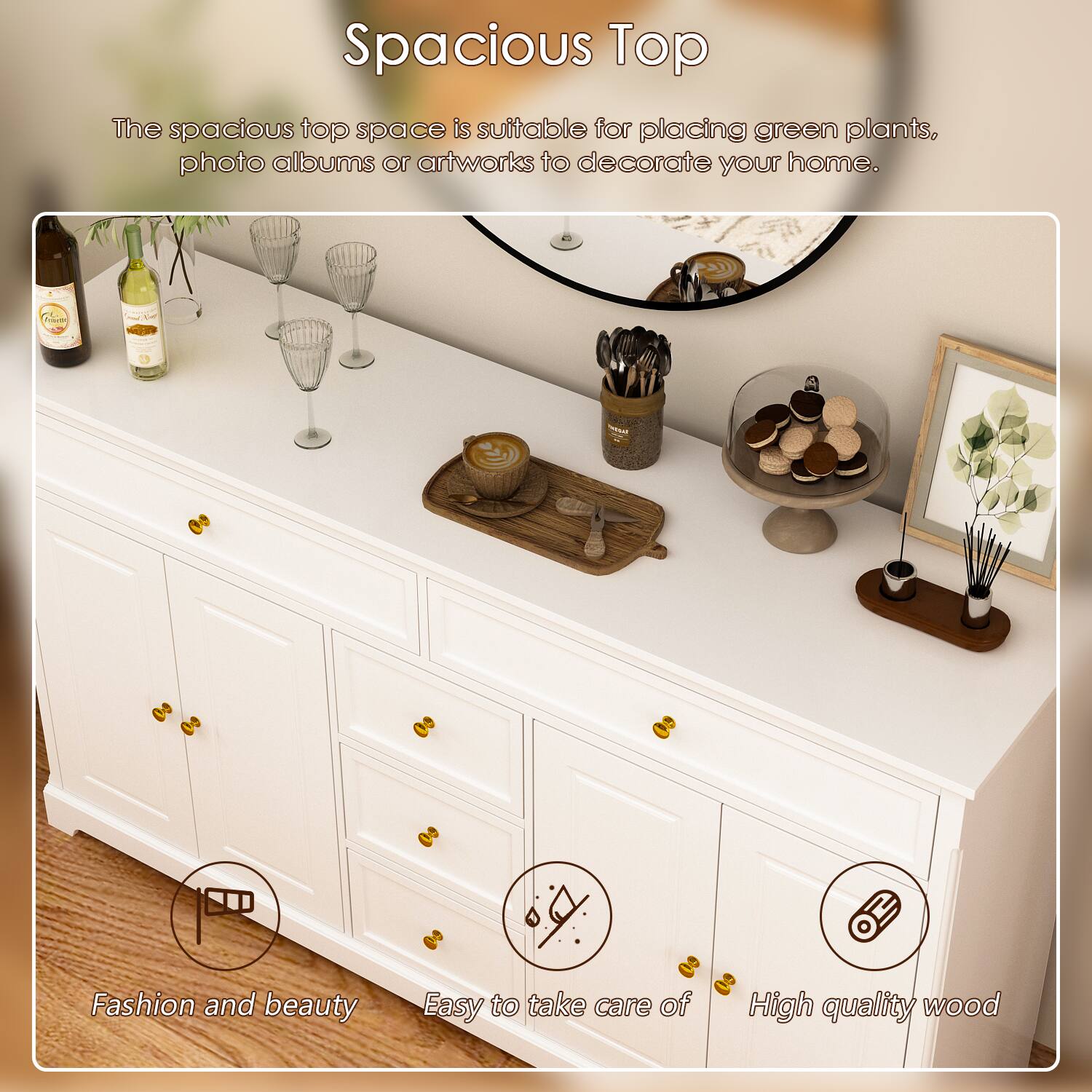 The image features a white dresser with a spacious top, suitable for placing green plants or displaying photo albums and artworks to decorate your home. The dresser is described as easy to take care of and made of high-quality wood. The image also includes a mirror and a vase, adding to the overall aesthetic of the space.