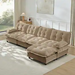 Anysun - 138" L-Shape Cloud Sectional with Ottoman - Modular Chenille Sofa, 4-Seat Deep Design, Lattice-Decor Cushions - Coffee