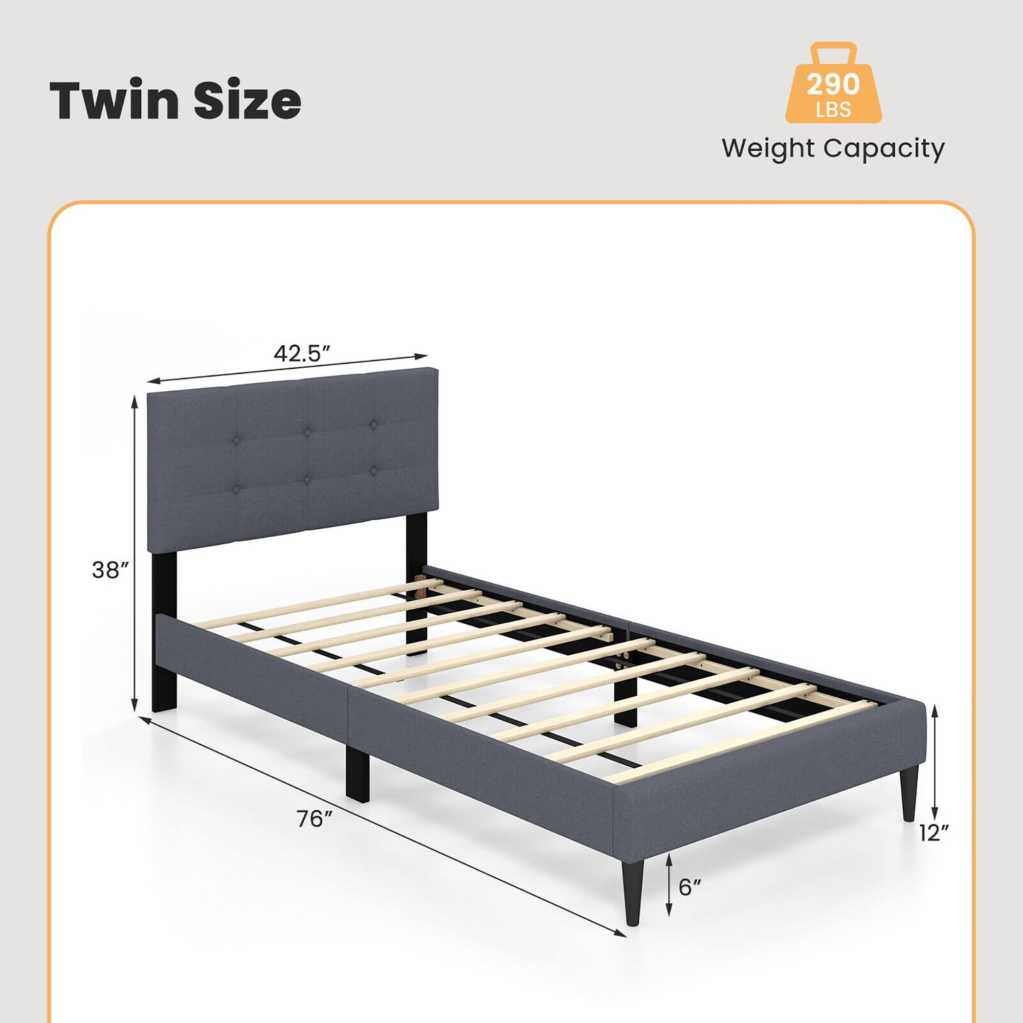 Twin Size  
Weight Capacity: 290 LBS  

Dimensions:  
- Length: 76"  
- Width: 38"  
- Height: 42.5"  
- Bed Height: 6"  
- Overall Height: 12"