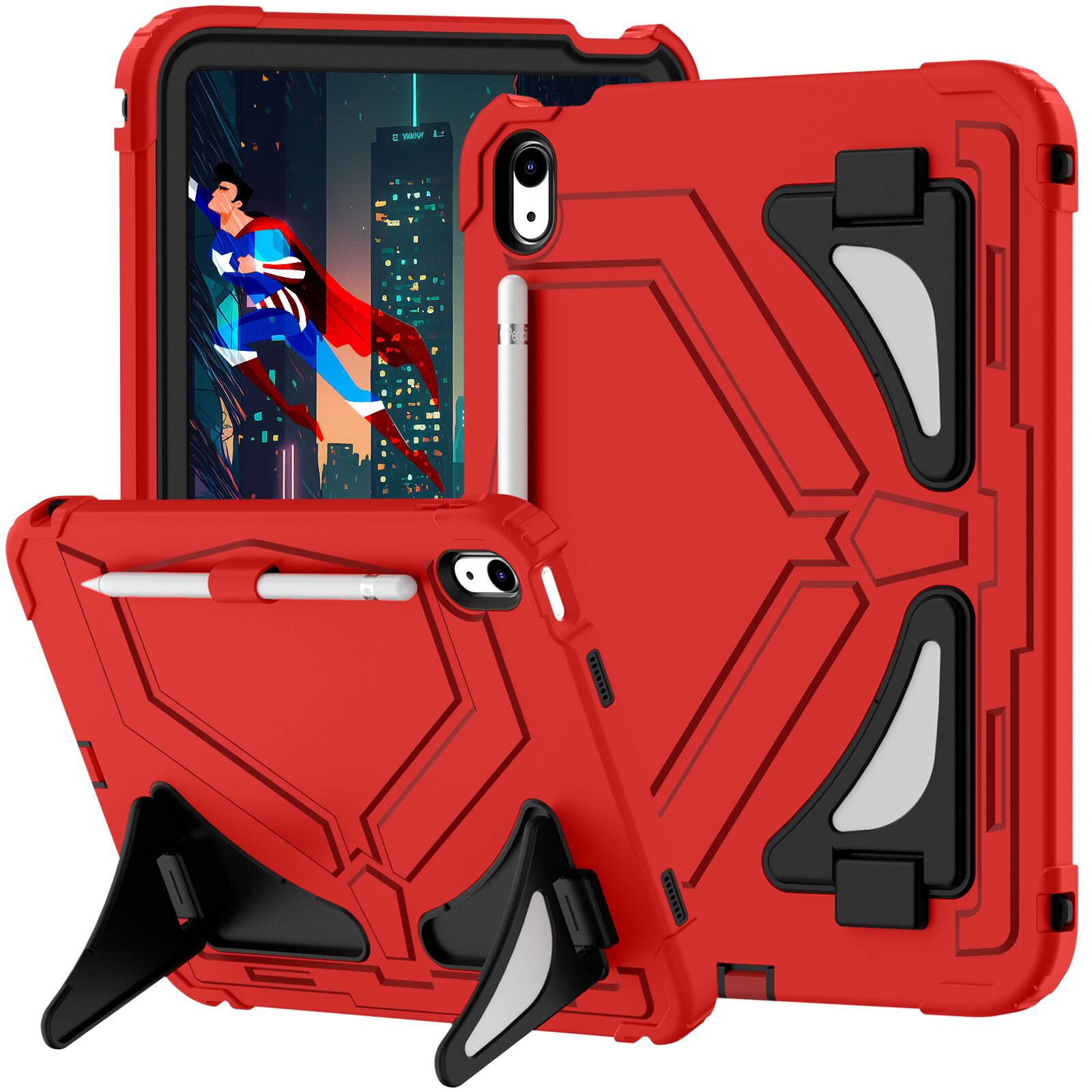 Angle. Dteck - Case for iPad (A16) 11th Gen 2025 /10th Gen 10.9'' 2022 Rugged Shockproof 3 Layers Kickstand Cover With Crossbody Strap - Red+Black.