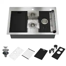 Boyel Living - 33 in. Drop-In Single Bowl 18-Gauge Stainless Steel Kitchen Sink with Bottom Grid and Strainer Basket and Cutting Board - Silver