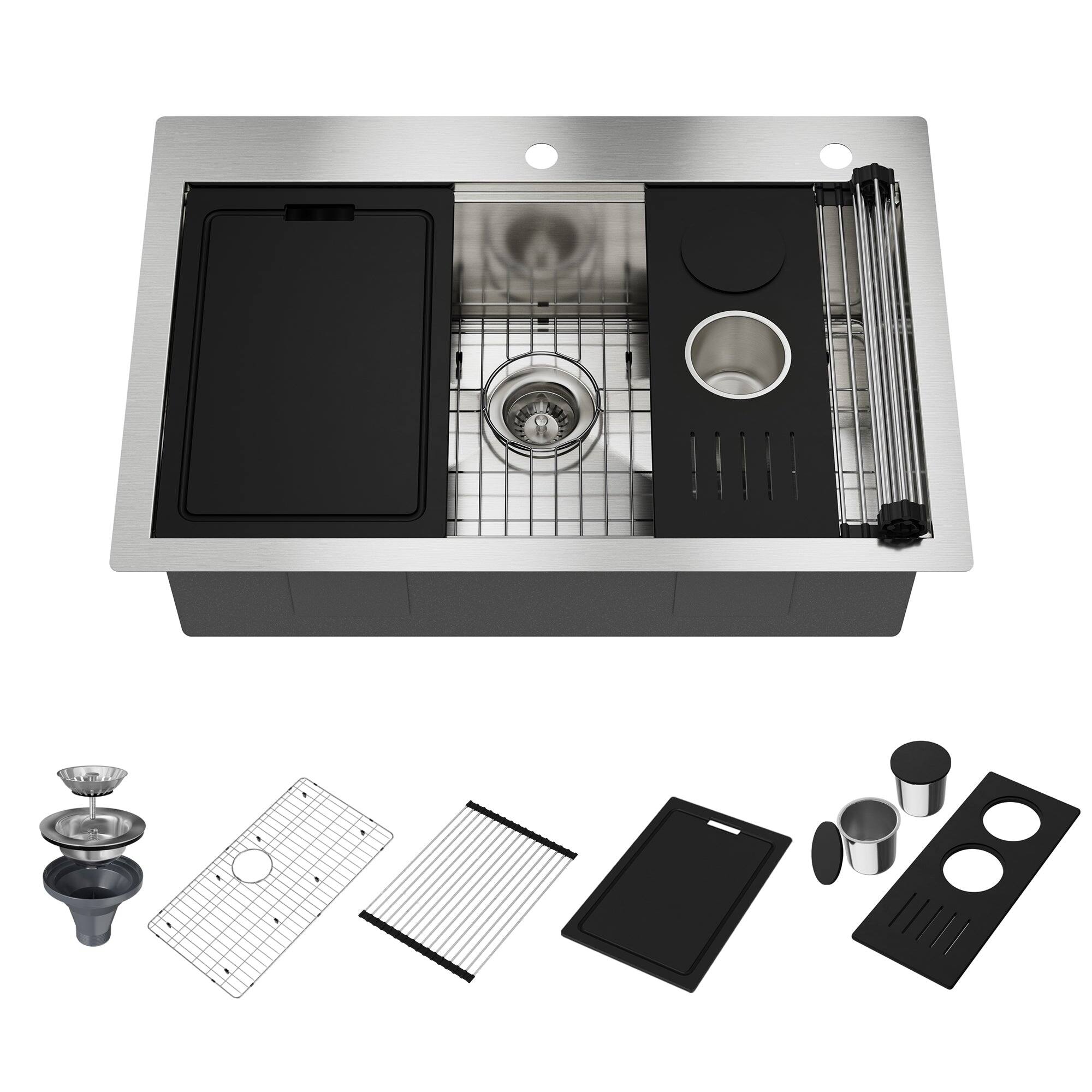Front. Boyel Living - 33 in. Drop-In Single Bowl 18-Gauge Stainless Steel Kitchen Sink with Bottom Grid and Strainer Basket and Cutting Board - Silver.