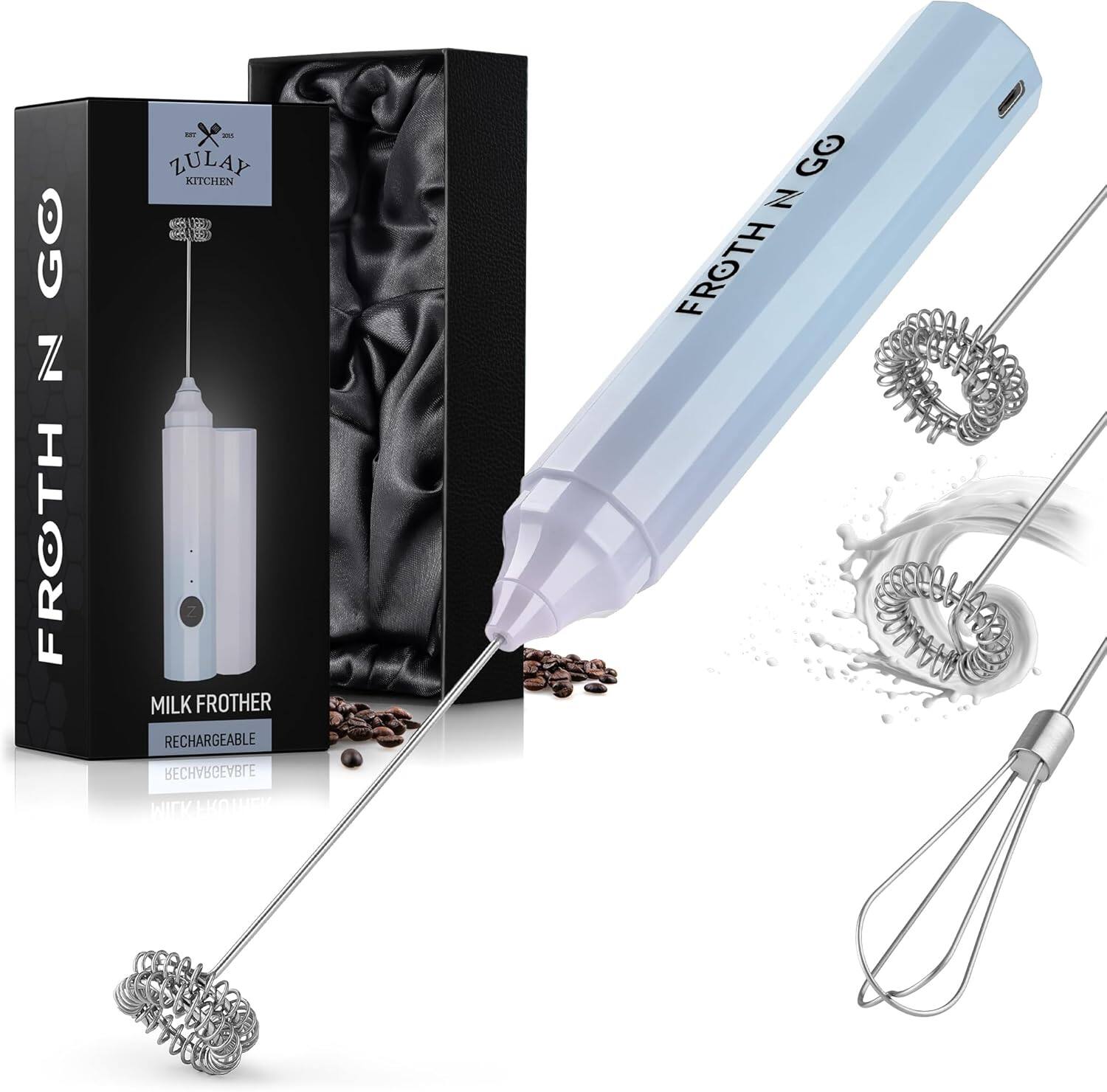 Zulay Kitchen - 3-in-1 Froth N Go Milk Frother Rechargeable - Comes with 3 Whisk Attachments - Cloud