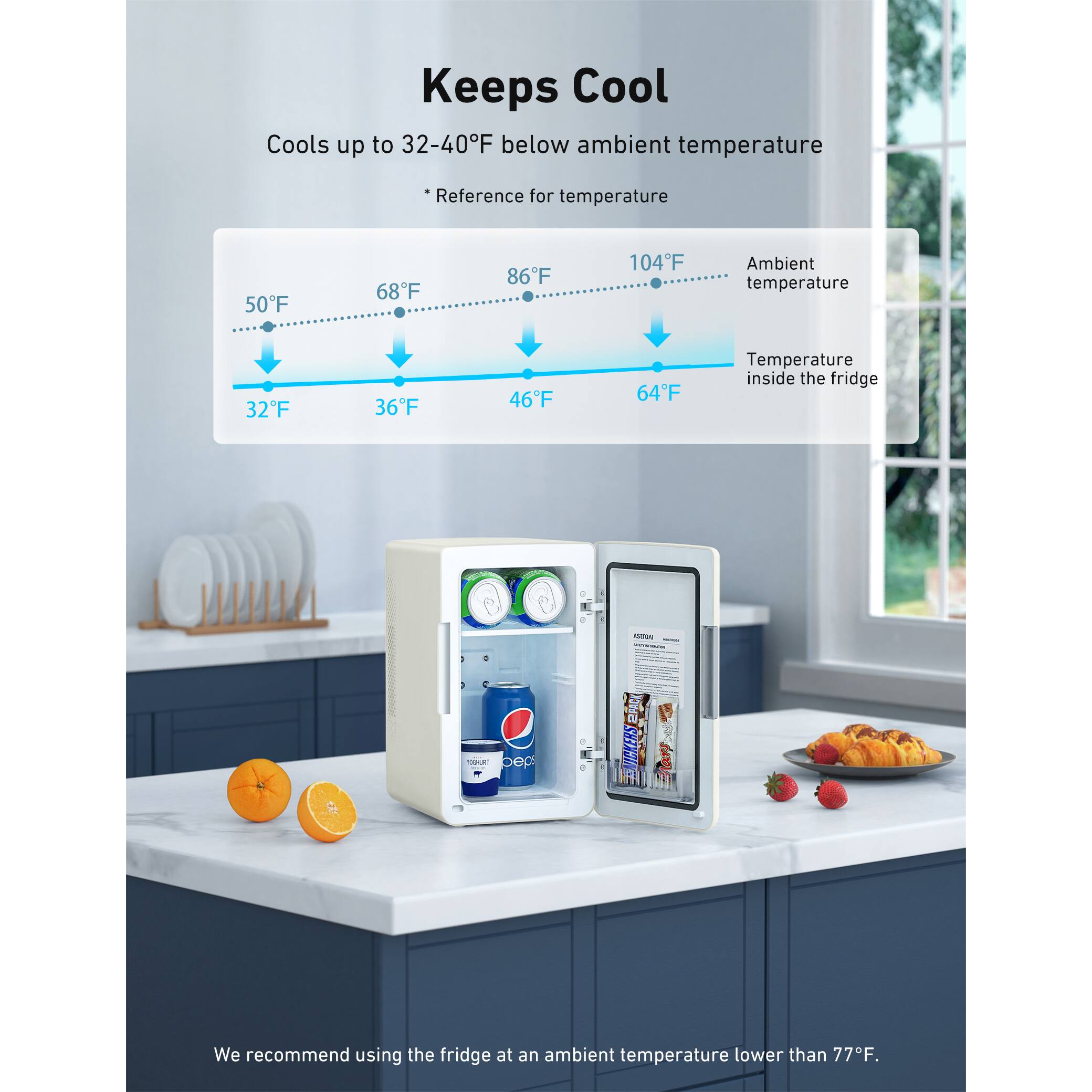 Keeps Cool  
Cools up to 32-40°F below ambient temperature  

*Reference for temperature  

Ambient temperature  
50°F 68°F 86°F 104°F  

Temperature inside the fridge  
32°F 36°F 46°F 64°F  

We recommend using the fridge at an ambient temperature lower than 77°F.