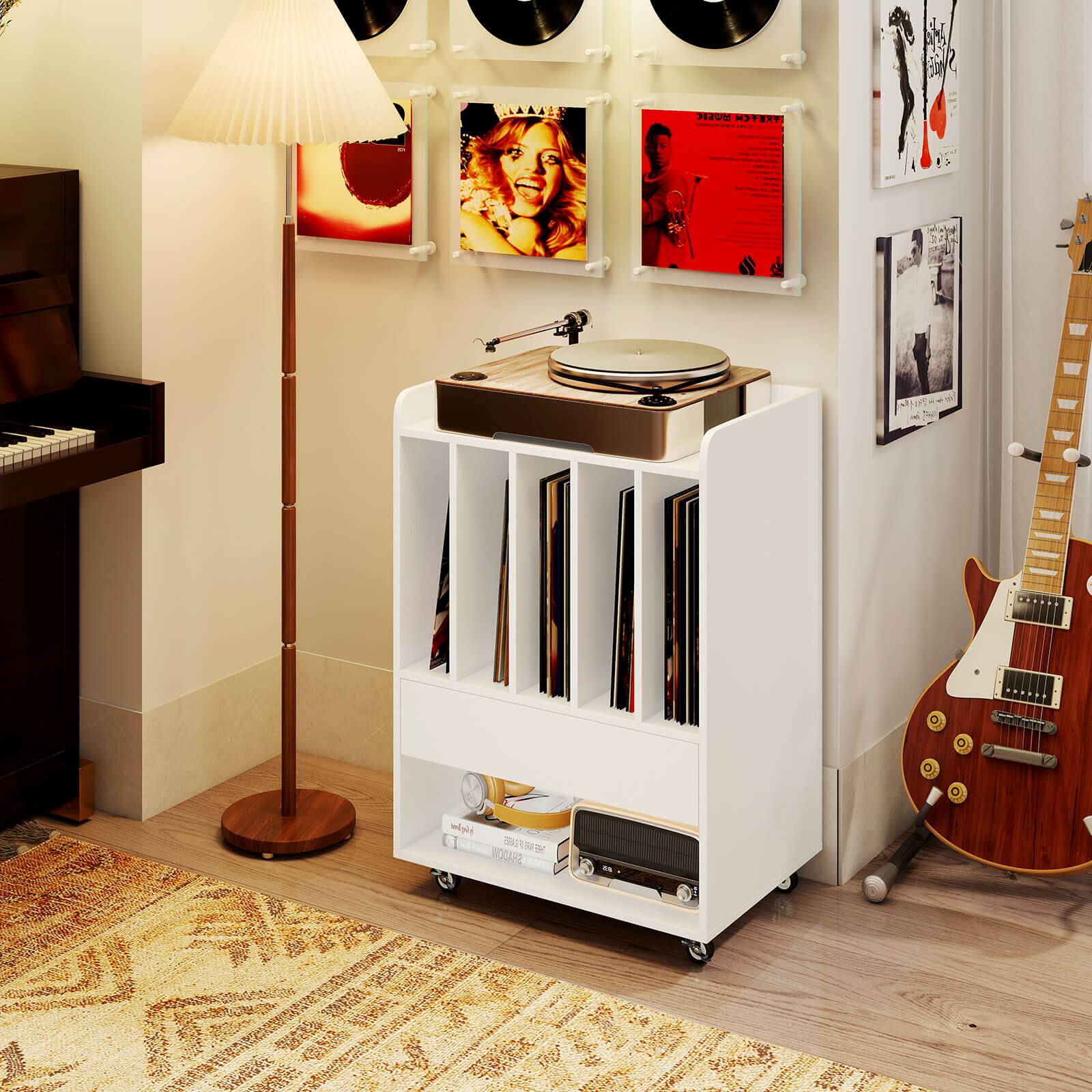 Alt View 3. Costway - Costway Record Player Stand with Drawer & Record Holder,Lockable Wheels for Living Room - White.