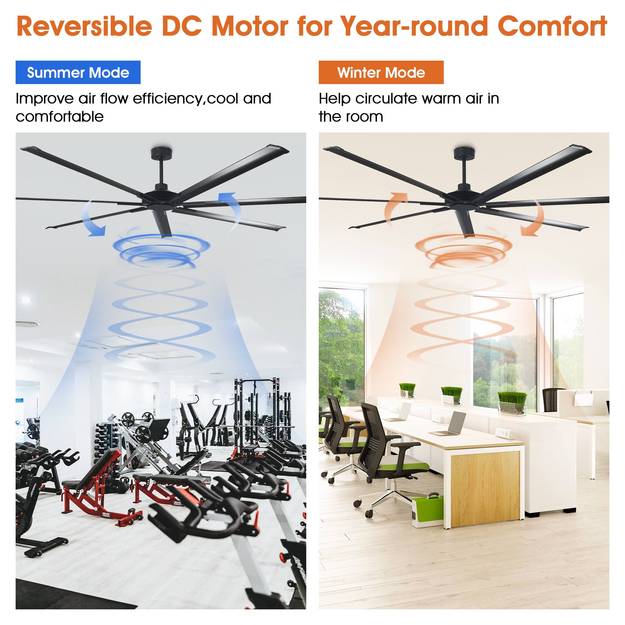 Reversible DC Motor for Year-round Comfort

Summer Mode  
Improve air flow efficiency, cool and comfortable

Winter Mode  
Help circulate warm air in the room