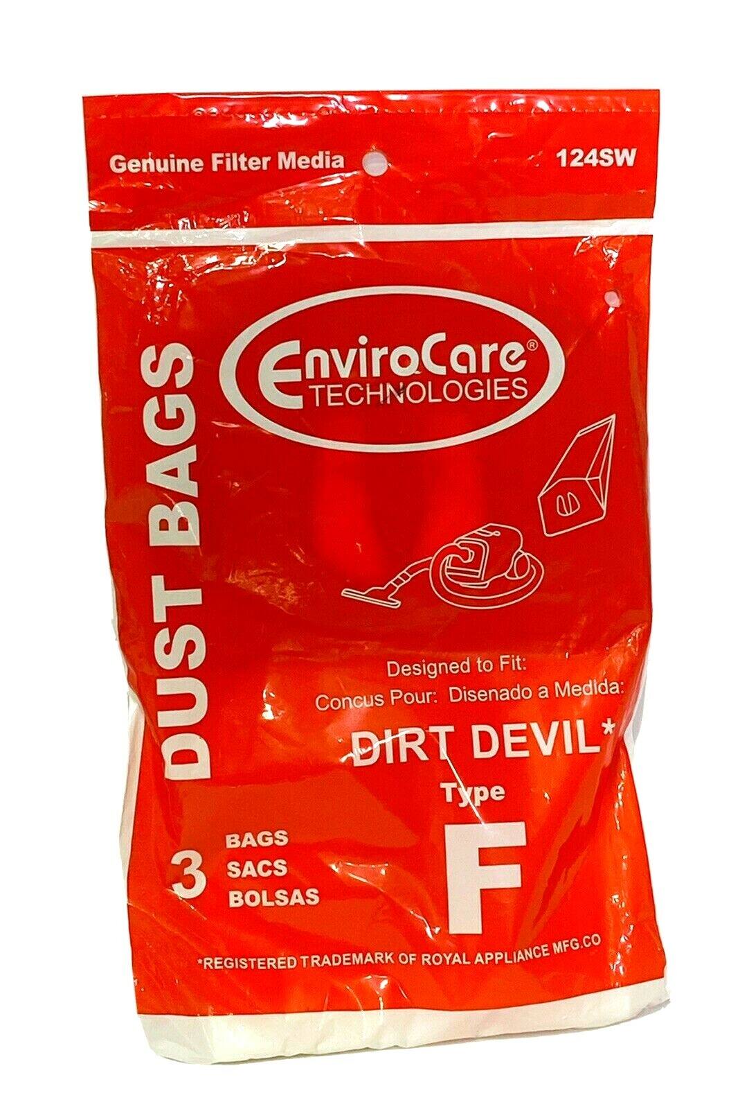 Genuine Filter Media  
124SW  
EnviroCare TECHNOLOGIES BAGS  

Designed to Fit: DUST CONCUS DIRT Pour: Disenado DEVIL* a Medida: Type BAGS 3 SACS F BOLSAS  

*REGISTERED TRADEMARK OF ROYAL APPLIANCE MFG.CO