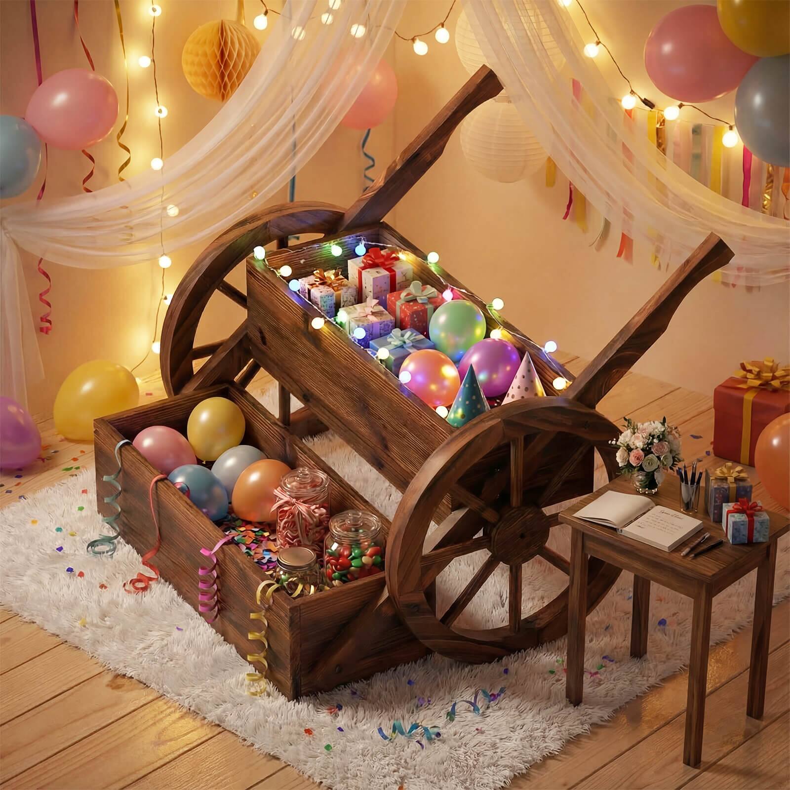 Alt View 1. Costway - Costway 2 PCS Rustic Wood Wagon Planter 2-Tier with Wheels Handles&Drainage for Patio Balcony - Carbonized Brown.