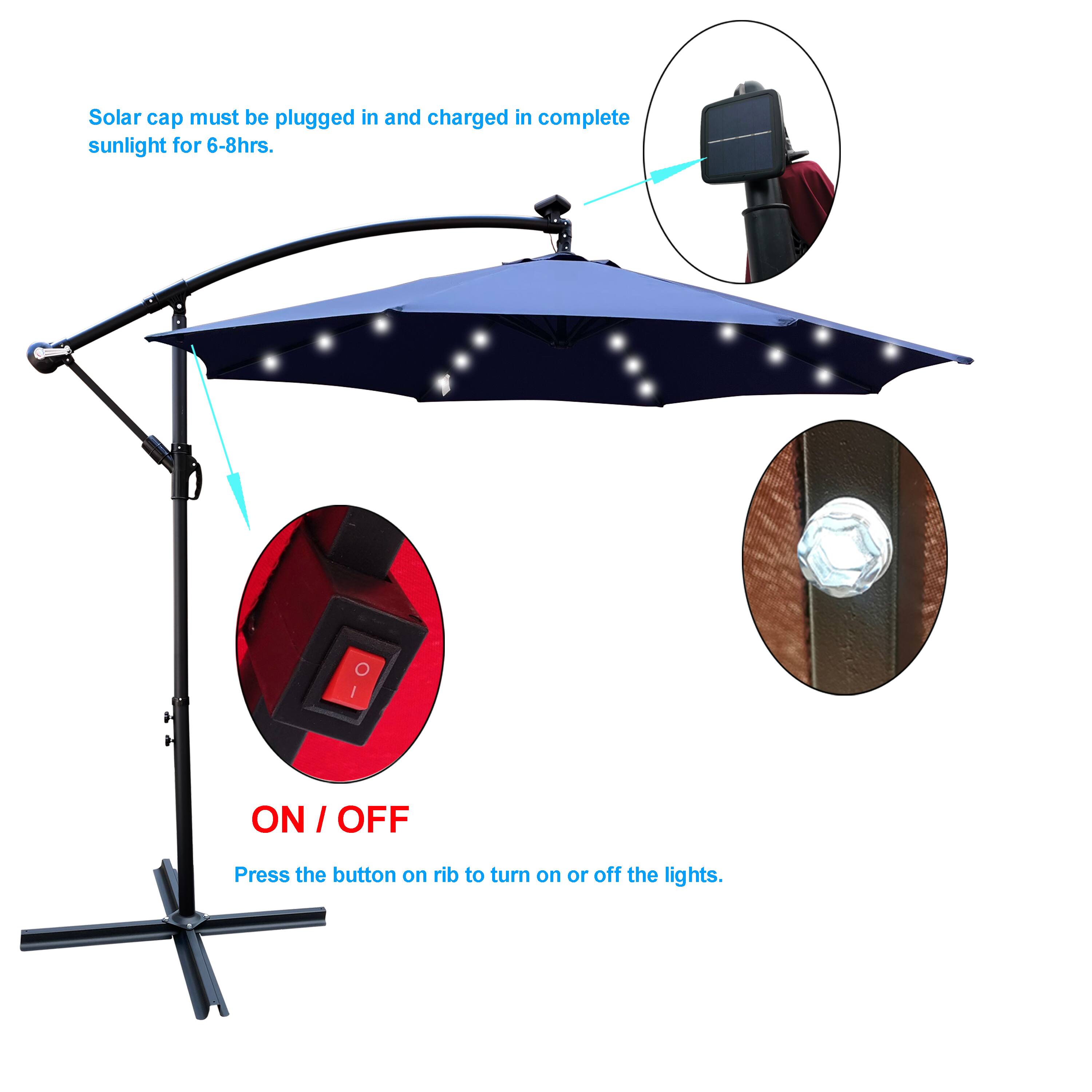 Solar cap must be plugged in and charged in complete sunlight for 6-8hrs.

ON / OFF  
Press the button on rib to turn on or off the lights.