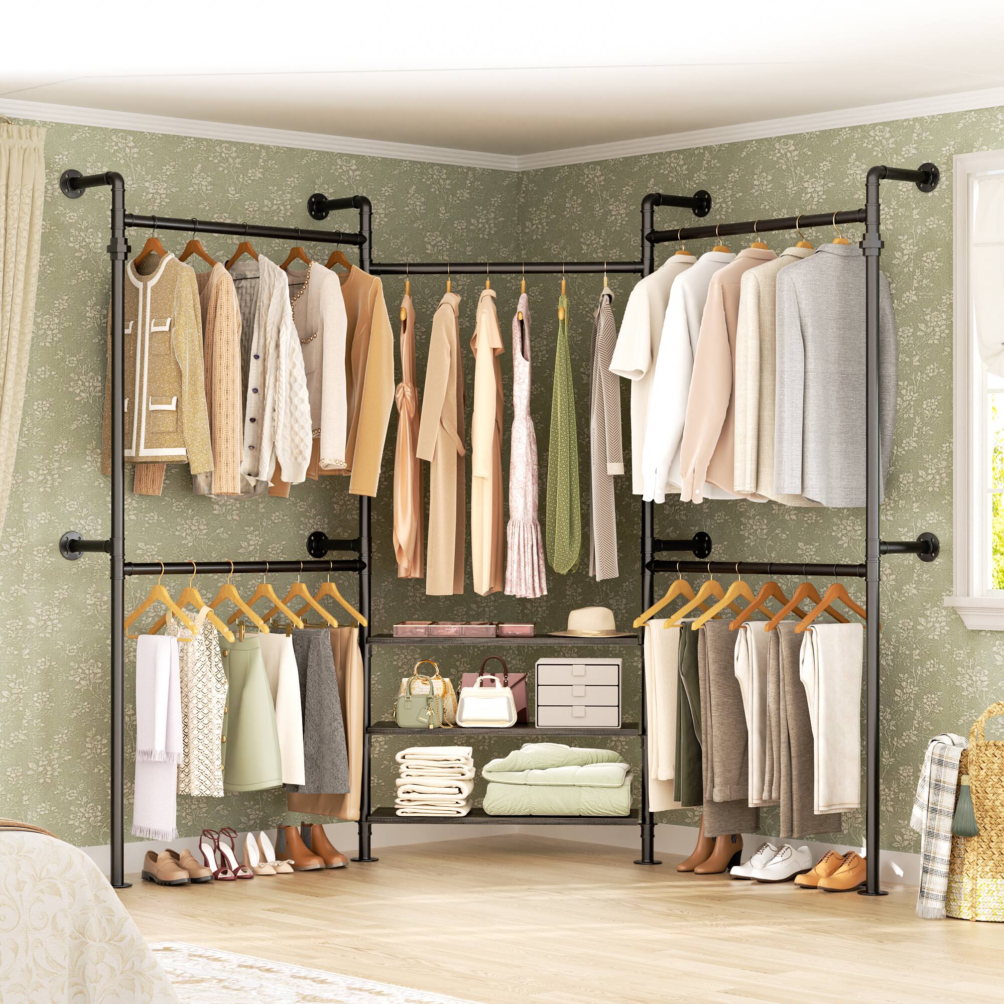Left. Aheaplus - Adjustable Wall-Mounted Metal Clothing Rack: 3-Tier Wood Shelves, 84"-128", 1000LB Capacity - Gray Oak.