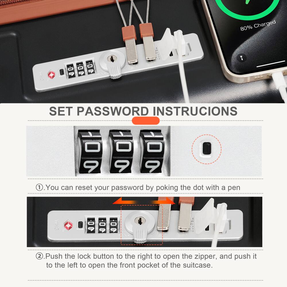 **SET PASSWORD INSTRUCTIONS**

1. You can reset your password by poking the dot with a pen.
2. Push the lock button to the right to open the zipper, and push it to the left to open the front pocket of the suitcase.