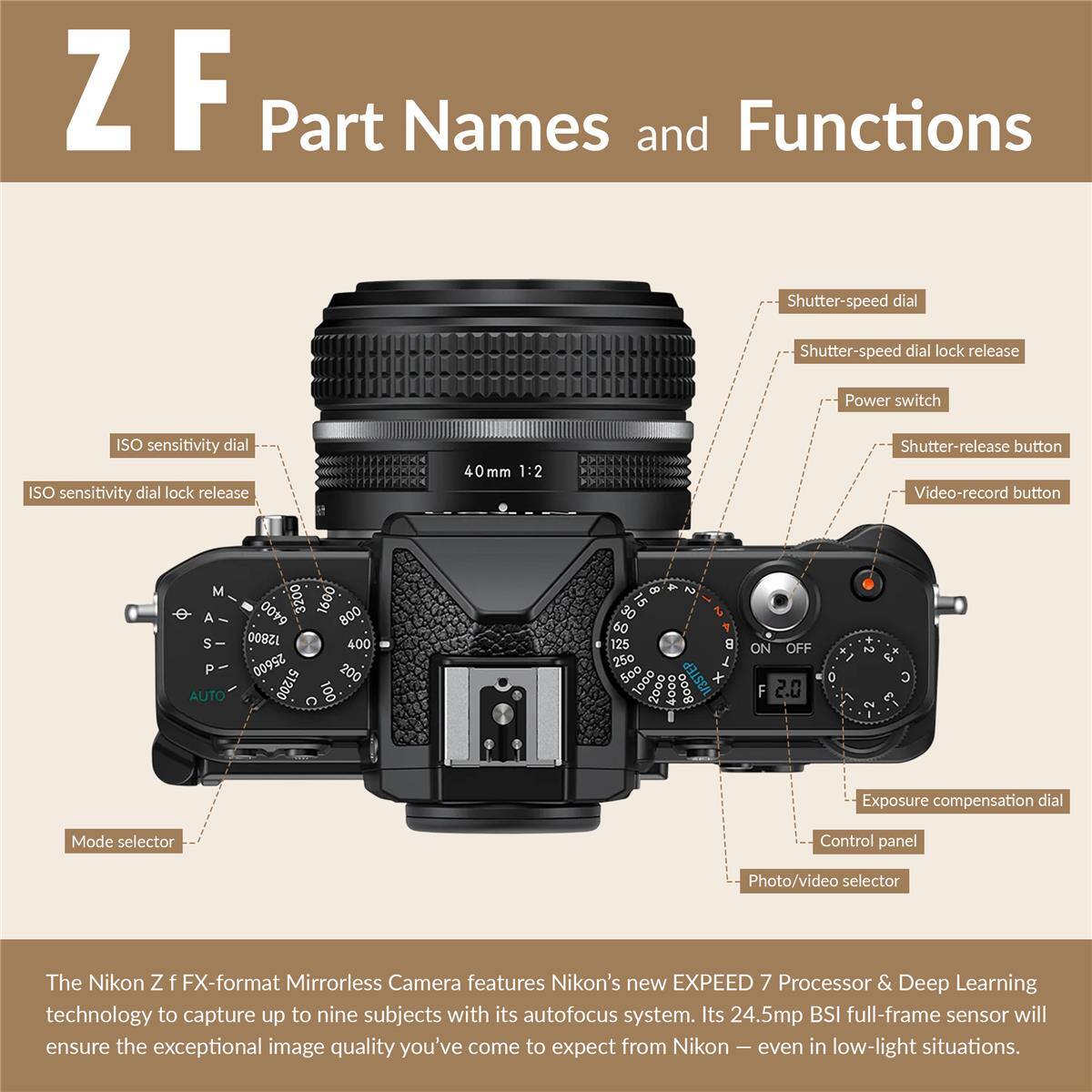 ZF Part Names and Functions

- Shutter-speed dial
- Shutter-speed dial lock release
- Power switch
- ISO sensitivity dial
- ISO sensitivity dial lock release
- 40 mm 1:2
- Shutter-release button
- Video-record button
- M A S P AUTO
- 200 600 6400 800 12800 400 25600 200 51200 100
- 8 4 P 15 30 T 60 1 125 250 500 1000
- UOSTEP x 2000 000
- F 2.0 0 64 +3
- Exposure compensation dial
- Mode selector
- Control panel
- Photo/video selector

The Nikon Z f FX-format Mirrorless Camera features Nikon's new EXPEED 7 Processor & Deep Learning technology to capture up to nine subjects with its autofocus system. Its 24.5mp BSI full-frame sensor will ensure the exceptional image quality you've come to expect from Nikon even in