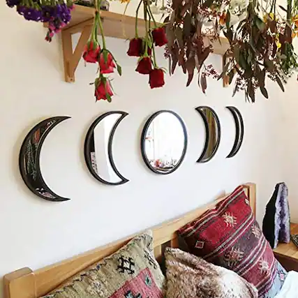 Front. Comfort Essence - Scandinavian Decor Wall Decorative Mirror Interior Design Wooden Moon Phase Bohemian Decoration For Home ... - Black.