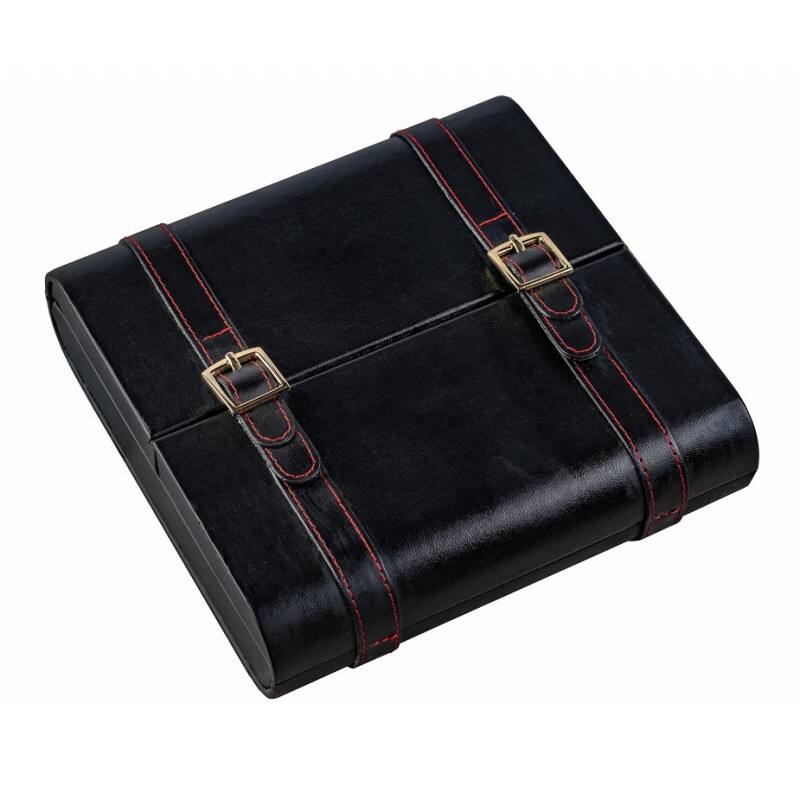 Angle. Prestige - Azure Travel Cigar Humidor - Black Leather with Rich Red Stitching.