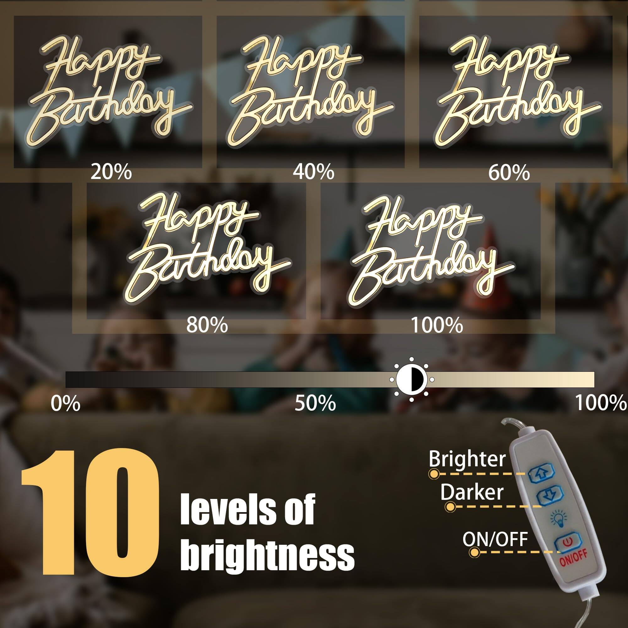 Happy Birthday  
20%  
40%  
60%  
80%  
100%  

10 levels of brightness  

Brighter  
Darker  
ON/OFF  

ON/OFF