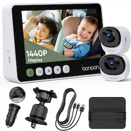 bonoch - 2K Baby Car Camera Monitor with Full Crystal Night Vision and 360° Rotating Wide View Dual Cameras - White