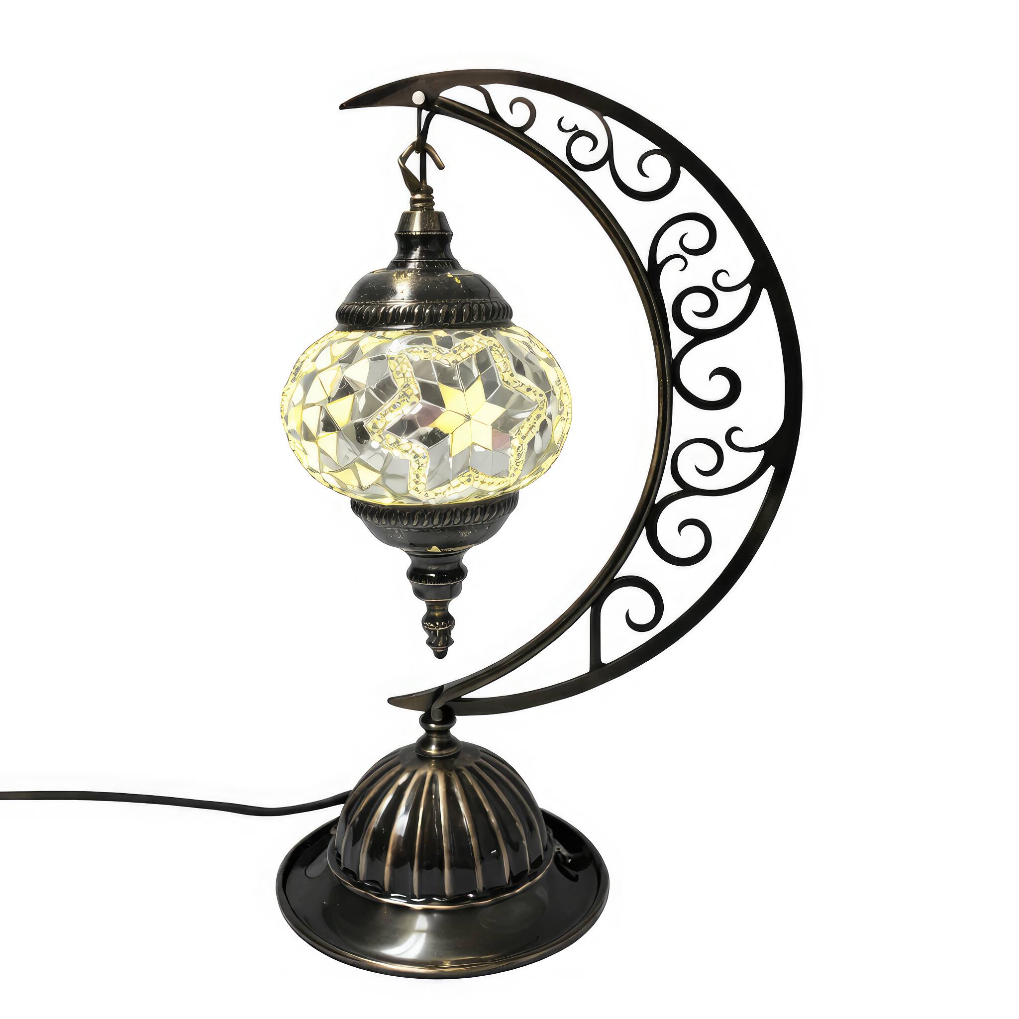 Angle. FC Design - 16"H Bronze Moon-Base Yellowish Floral Star Mosaic Turkish Lamp.