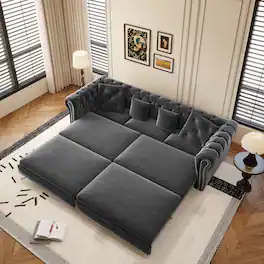 Anysun - 89" 3-in-1 Velvet Chesterfield Pull-Out Sofa Bed - King Size Sleeper, Movable Ottoman, Tufted Design - Gray