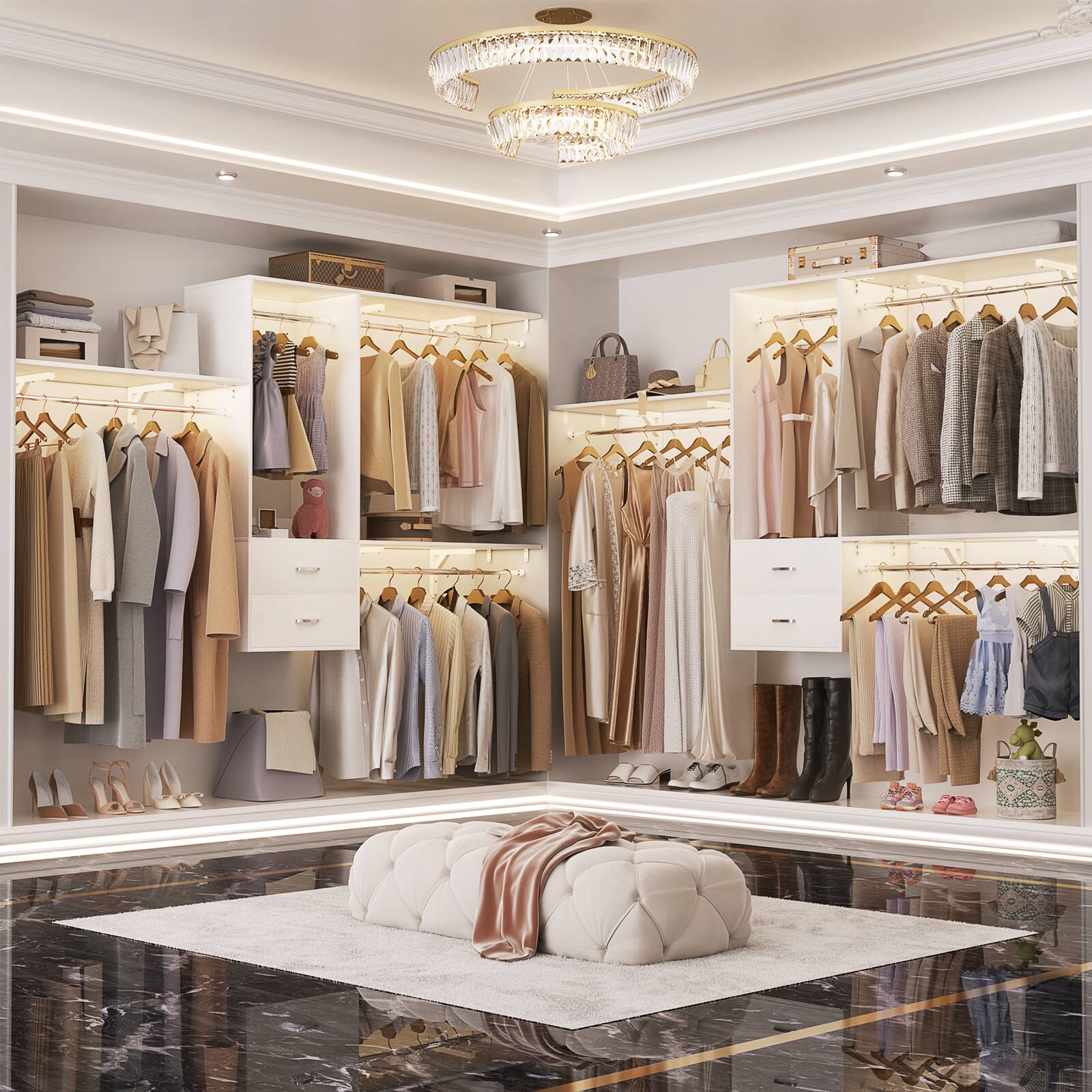 Alt View 1. Aheaplus - 20'' - 96'' Wall Mounted Closet Organizer System with 3 Shelf Towers, 3 Hanging Rods and 2 Drawers - White.