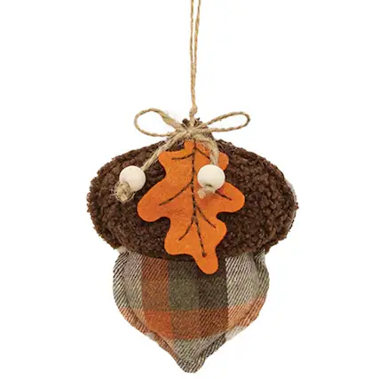Front. BreeBe - Fabric Plaid Acorn Ornament - Multi.
