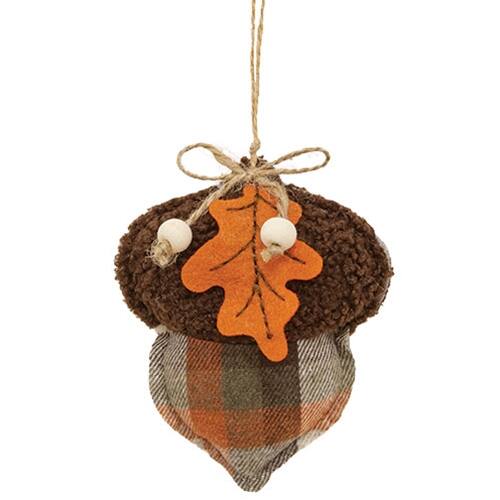 Front. BreeBe - Fabric Plaid Acorn Ornament - Multi.