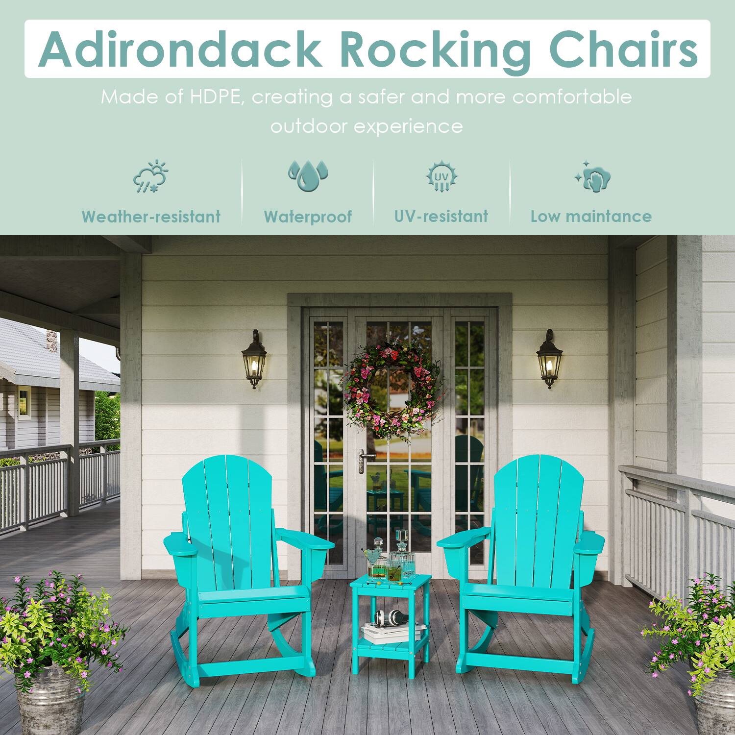 Adirondack Rocking Chairs

Made of HDPE, creating a safer and more comfortable outdoor experience

- Weather-resistant
- Waterproof
- UV-resistant
- Low maintenance