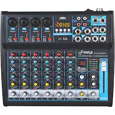 L MAINOUT A 1 MIC/LNE 2 MIC/LNE MIC/LNE MIC/LNE 5/B USS REO TAMC R 08888 5 L MODE 7 L 7/8 TAPE/DDP SEND CTHLE PAO BPSC M40V PAD Plidl +4EV PAD 26d8 +48V PAD 2ddd +48V USUPLAYER B 7/8 USH R 8 R ETURN HHLAN A GAI -15 ... 50 MID 1D 15 18U 104 GAIN 2 1D 10 a -15 10 N 04 GAIN 4EJ0 -15 +15 HL -15 $15 MD LACUE GAIN -15 10 15 + MO 3U GAIN C -15 15 FEA -15 +10 MO PYLE PMXU83BT 8-Ch. BT Studio Mixer Audio Mixing Console 00 10 GAIN 2111 +8 +3 -15 2 15