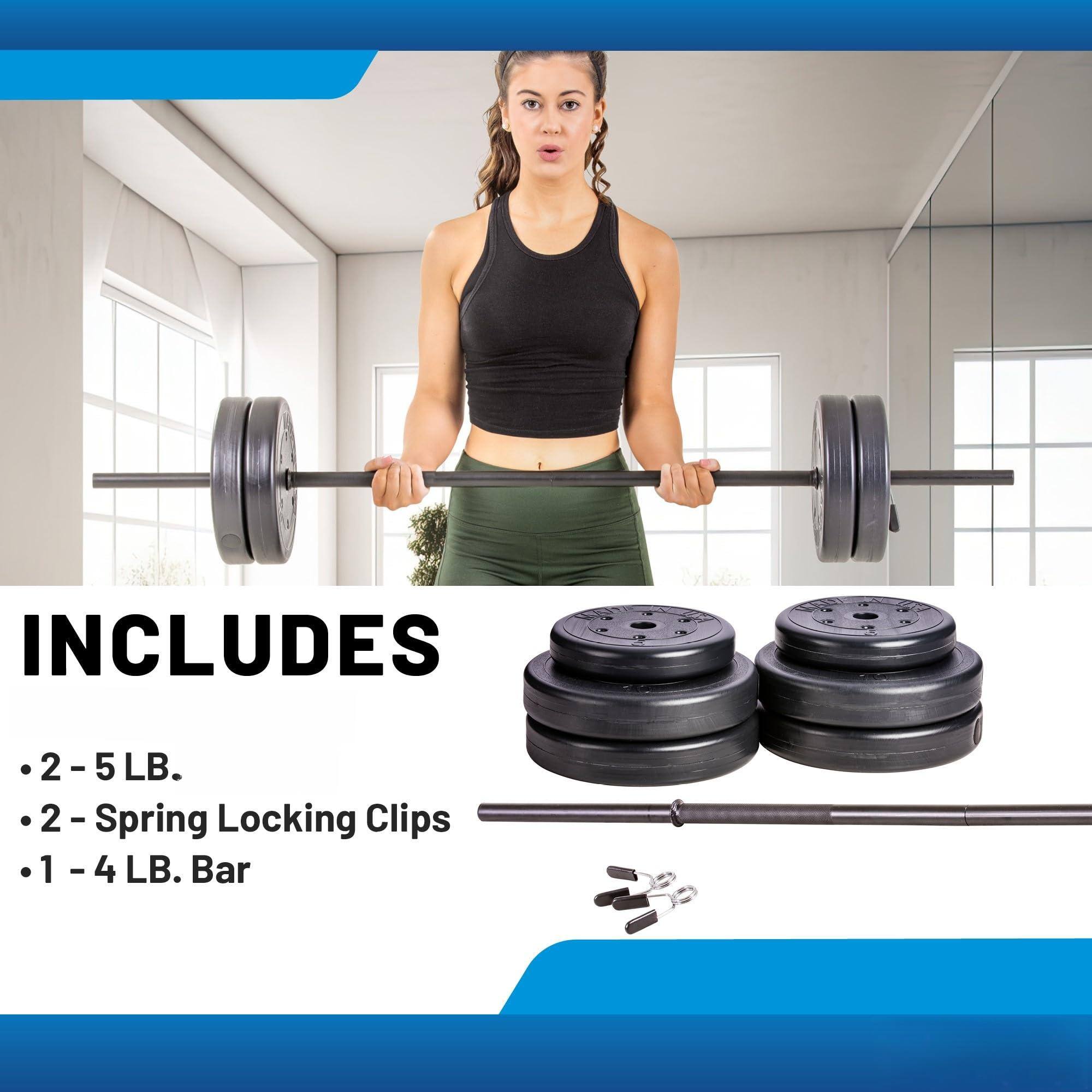 INCLUDES  
- 2 - 5 LB.  
- 2 - Spring Locking Clips  
- 1 - 4 LB. Bar