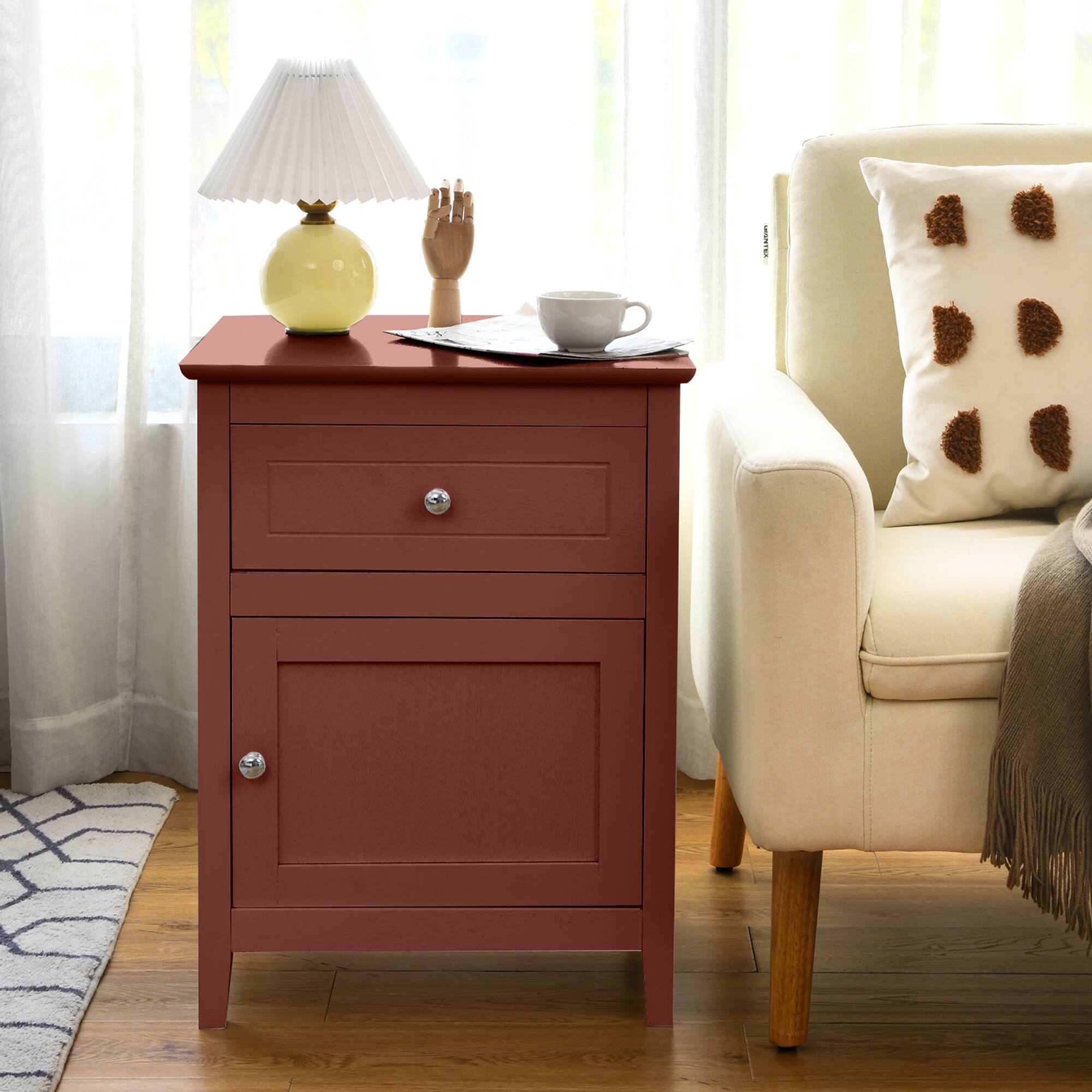 Alt View 13. Costway - Nightstand with Drawer Accent Side End Table Storage Cabinet - Cherry.