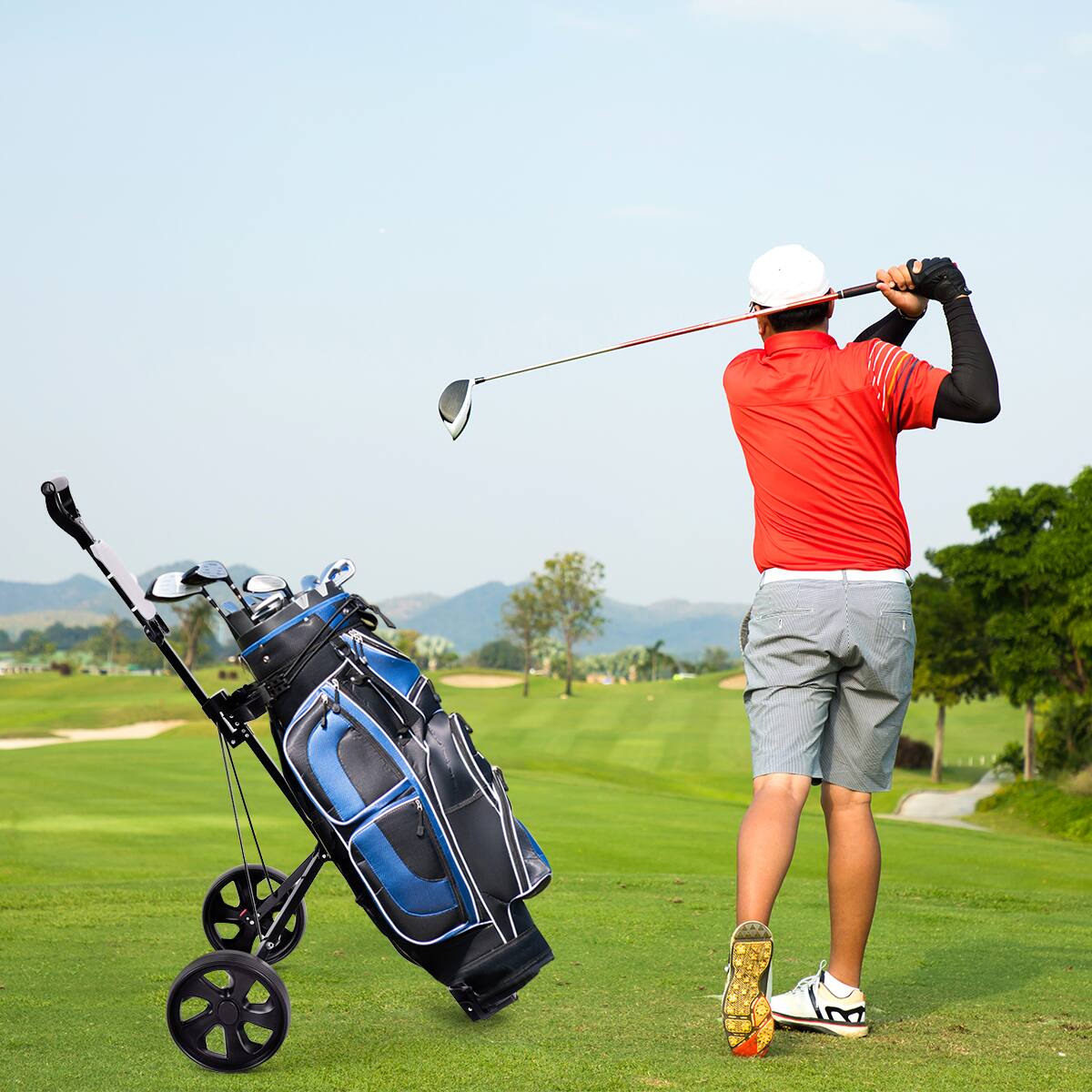 Alt View 1. Costway - Costway Folding 2 Wheel Push Pull Golf Club Cart Trolley Swivel w/Scoreboard Lightweight - Black.