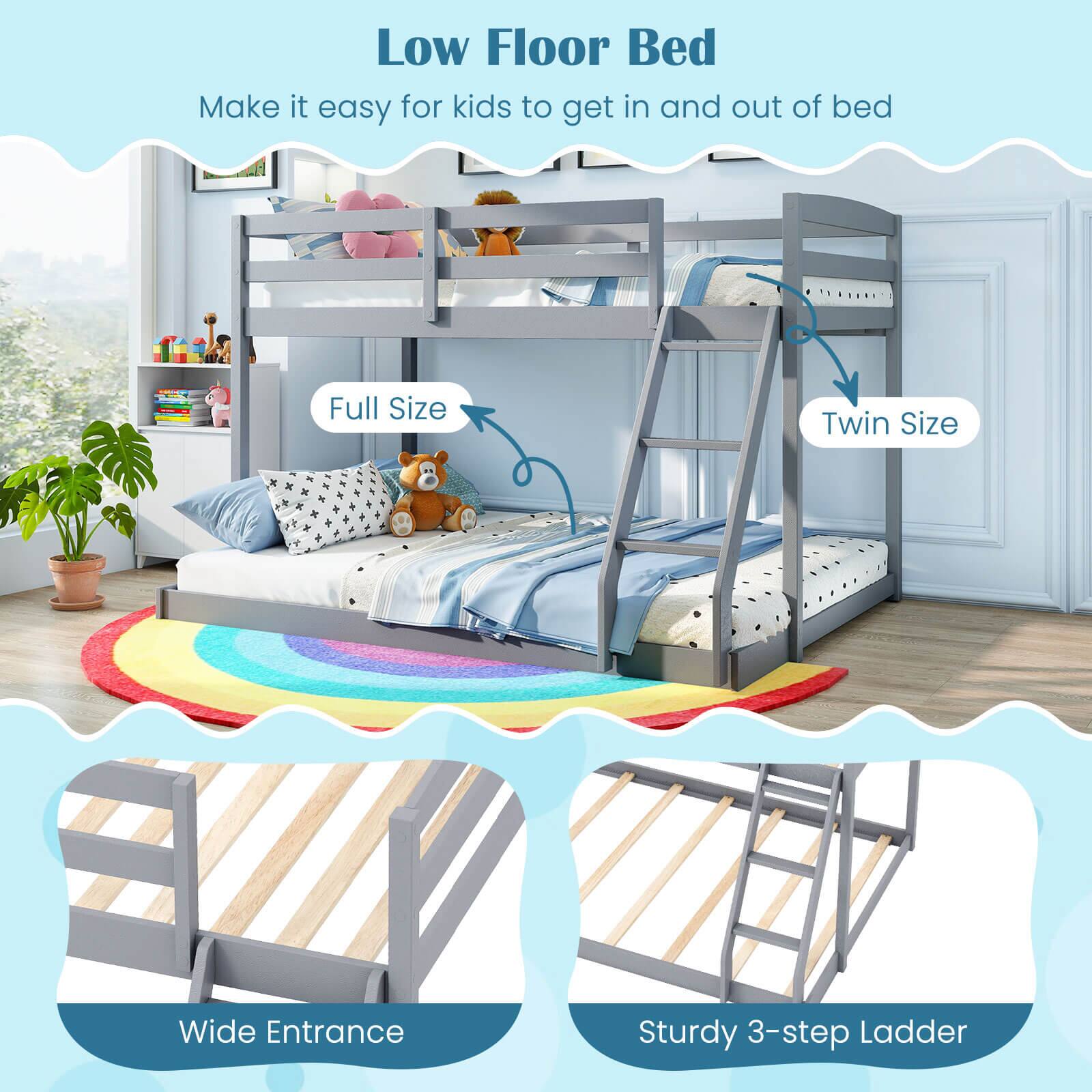 Low Floor Bed  
Make it easy for kids to get in and out of bed  

Full Size  
Twin Size  

Wide Entrance  
Sturdy 3-step Ladder