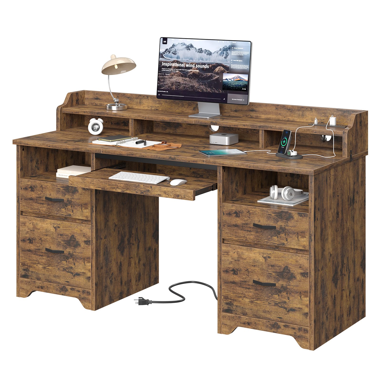 Bestier - 59" Computer Desk with Charging Station, Lockable Drawers & Monitor Stand, Sturdy Office Desk for Work & Study - Rustic Brown