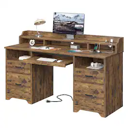 Bestier - 59" Computer Desk with Charging Station, Lockable Drawers & Monitor Stand, Sturdy Office Desk for Work & Study - Rustic Brown