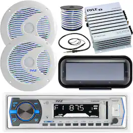 Pyle - PLMRB29W Marine AM/FM Receiver, Cover, 2x 6.5'' 150W Muiticolor LED Speakers (White), Amplifier, Wire, Antenna