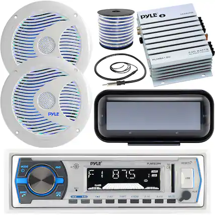 PYLE 2 MARINE
20 PLMRA 240 WATTS CEI
PYLE MODE BAND AMS CLK IR MIC H
PYLE F CLASS >P 14 875 2 INT 3 RPT 4 ROM
PLMRB29W
CARD use
5 5-10 E +10 SO - MUTE RESET USB AUX