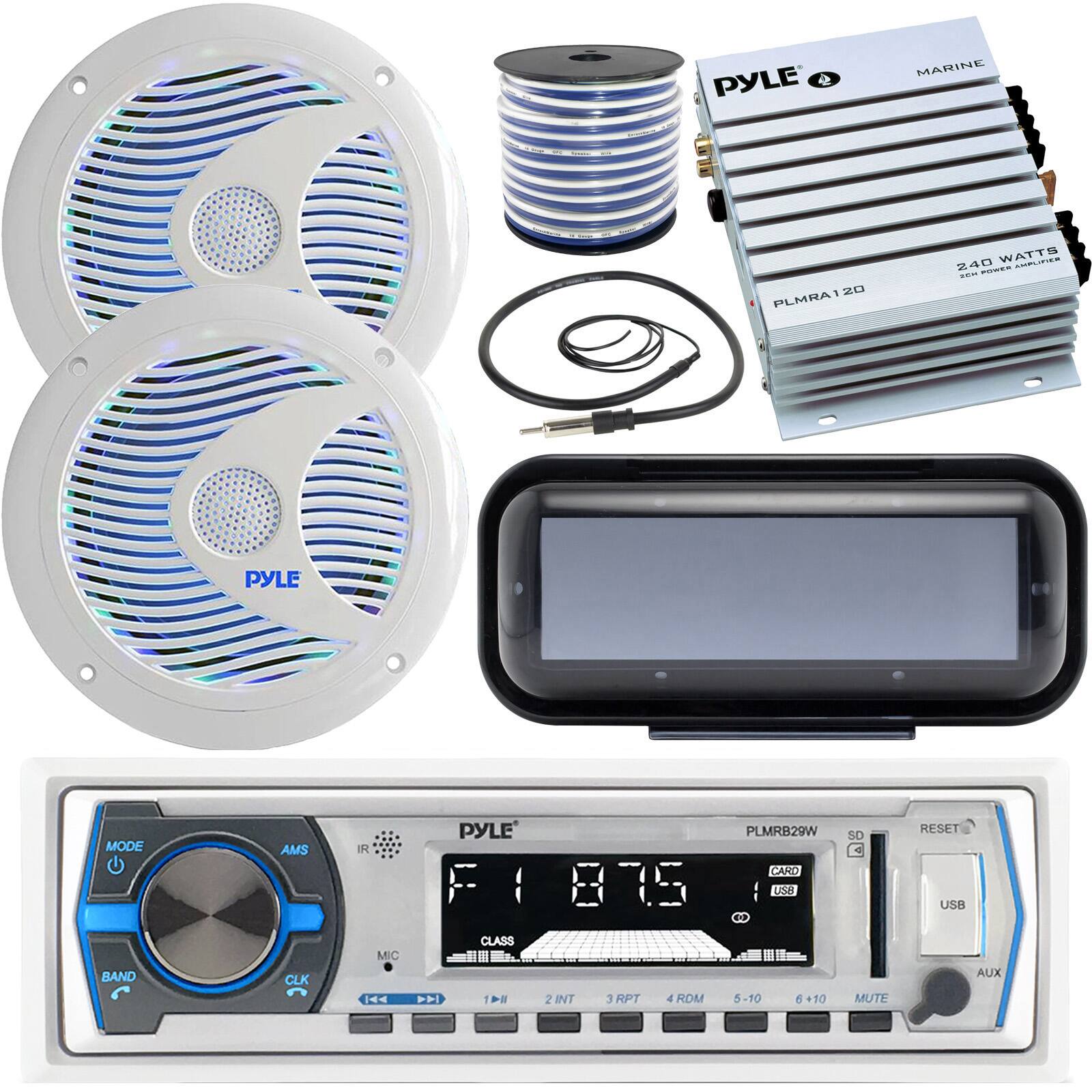 PYLE 2 MARINE  
20 PLMRA 240 WATTS CEI  
PYLE MODE BAND AMS CLK IR MIC H  
PYLE F CLASS >P 14 875 2 INT 3 RPT 4 ROM  
PLMRB29W  
CARD use  
5 5-10 E +10 SO - MUTE RESET USB AUX