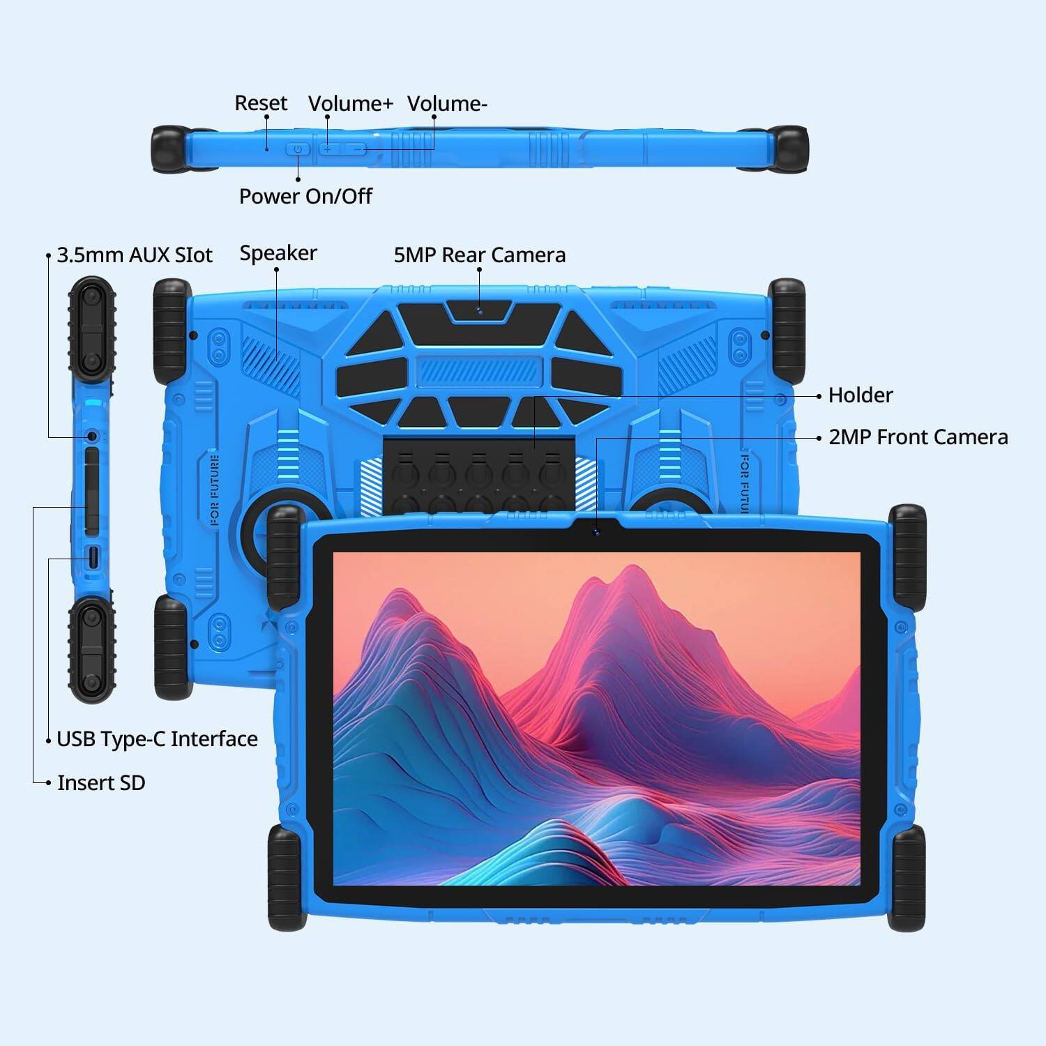 Reset Volume+ Volume- Power On/Off 3.5mm AUX Slot Speaker 5MP Rear Camera Holder 2MP Front Camera USB Type-C Interface Insert SD