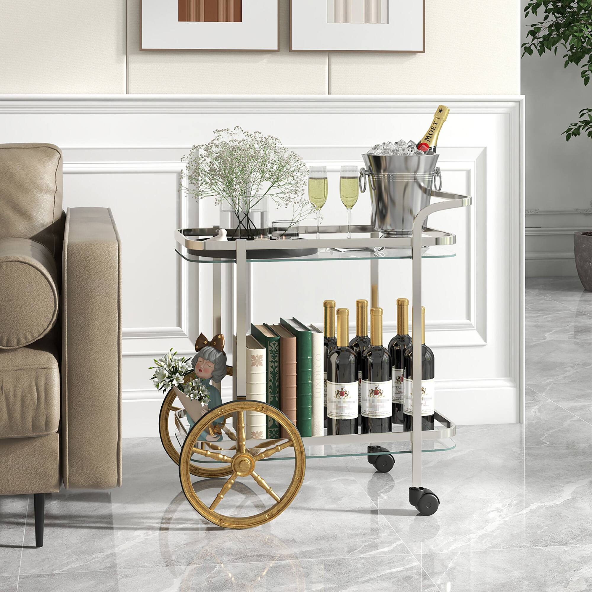 Alt View 4. Gymax - Gymax 2-Tier Serving Cart w/ Tempered Glass Shelves 2 Large Aluminum Front Wheels - Transparent, Silver, Golden.