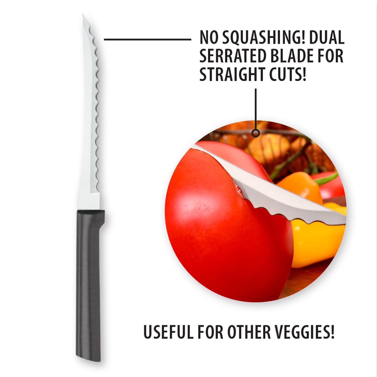 NO SQUASHING! DUAL SERRATED BLADE FOR STRAIGHT CUTS! USEFUL FOR OTHER VEGGIES!