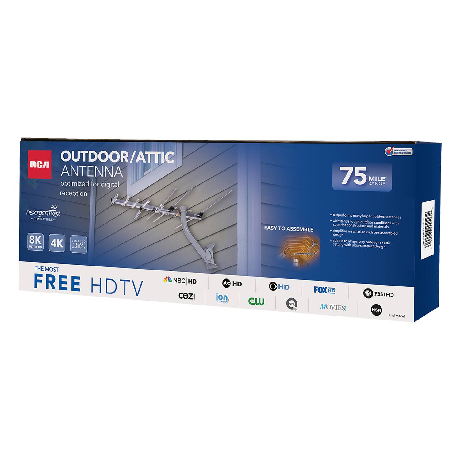 OUTDOOR/ATTIC ANTENNA
optimized for digital reception
75 MILE RANGE
EASY TO ASSEMBLE
THE MOST FREE HDTV
NBC HD
abc HD
CGZI
ion
CW
FOX HD
MOVIES!
PBS HD
HSN
and more!
8K
4K
nextgenTV compatible
outperforms many larger outdoor antennas
withstands tough outdoor conditions with superior construction and materials
simplifies installation with pre-assembled design
adapts to almost any outdoor or attic setting with ultra-compact design
LIMITED LIFETIME WARRANTY